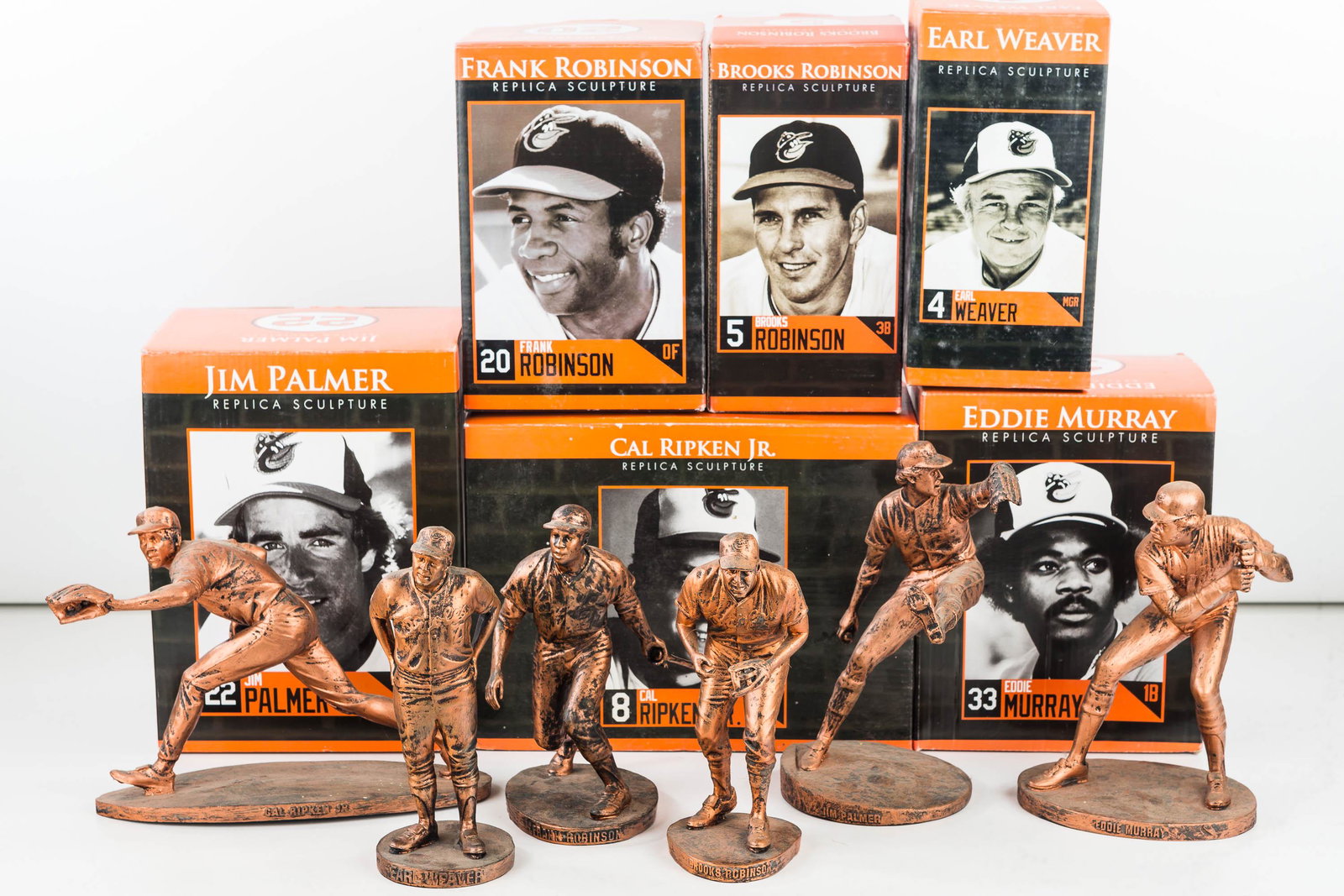 Set of 6 Baltimore Orioles Replica Sculptures: 6 Baltimore Orioles Statues with a bronzed finish highlighting 2012 unveiling of the statues outside of the stadium. (Frank Robinson-bat was damaged, Eddie Murray, Cal Ripken Jr, Brooks Robinson, Jim 