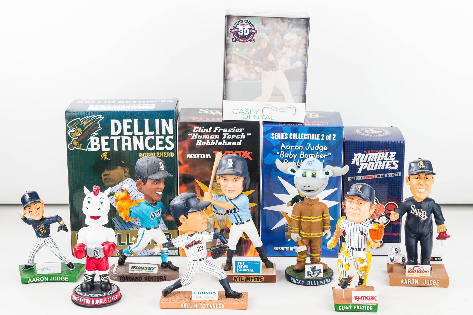 Scranton Wilkes-Barre, DE and NY Bobbleheads: 4 Scranton Wilkes-Barre Red Barons and Railriders (Yankees AAA Team) game handout promo bobble heads. (2 Aaron Judge, Clint Frazier, Dellin Betances). 3 Wilmington Blue Rocks (Royals A Team) (2 player