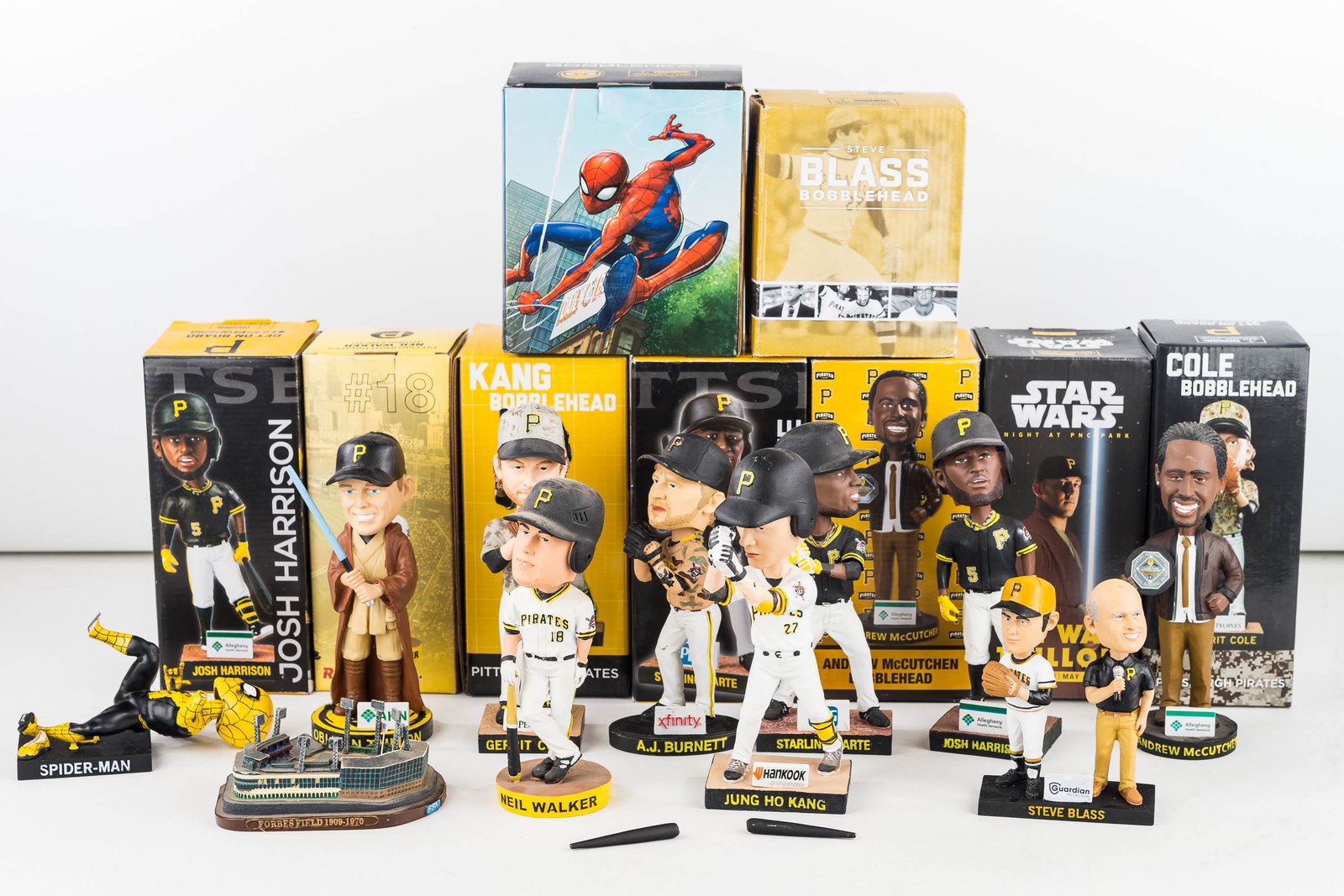 Pittsburgh Pirates Bobbleheads and Field Figure: 10 Pittsburgh Pirates game handout promo bobble heads. (A.J. Burnett, Andrew McCutchen, Gerrit Cole, Josh Harrison, Jung Ho Kang, Starling Marte, Neil Walker, Steve Blass, Spiderman (broken), and Obi 