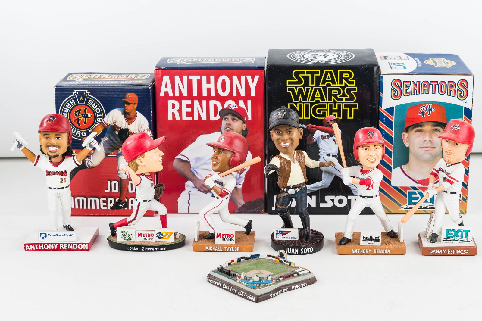Harrisburg Senators HOF Bobbleheads, Mini Stadium: Harrisburg Senators (Nationals AA Team) game handout promo bobble heads. (2 Anthony Rendon, Jordan Zimmerman, Juan Soto, Danny Espinosa, and Michael Taylor) Also a Commerce Bank Park 1987-2008 miniatu