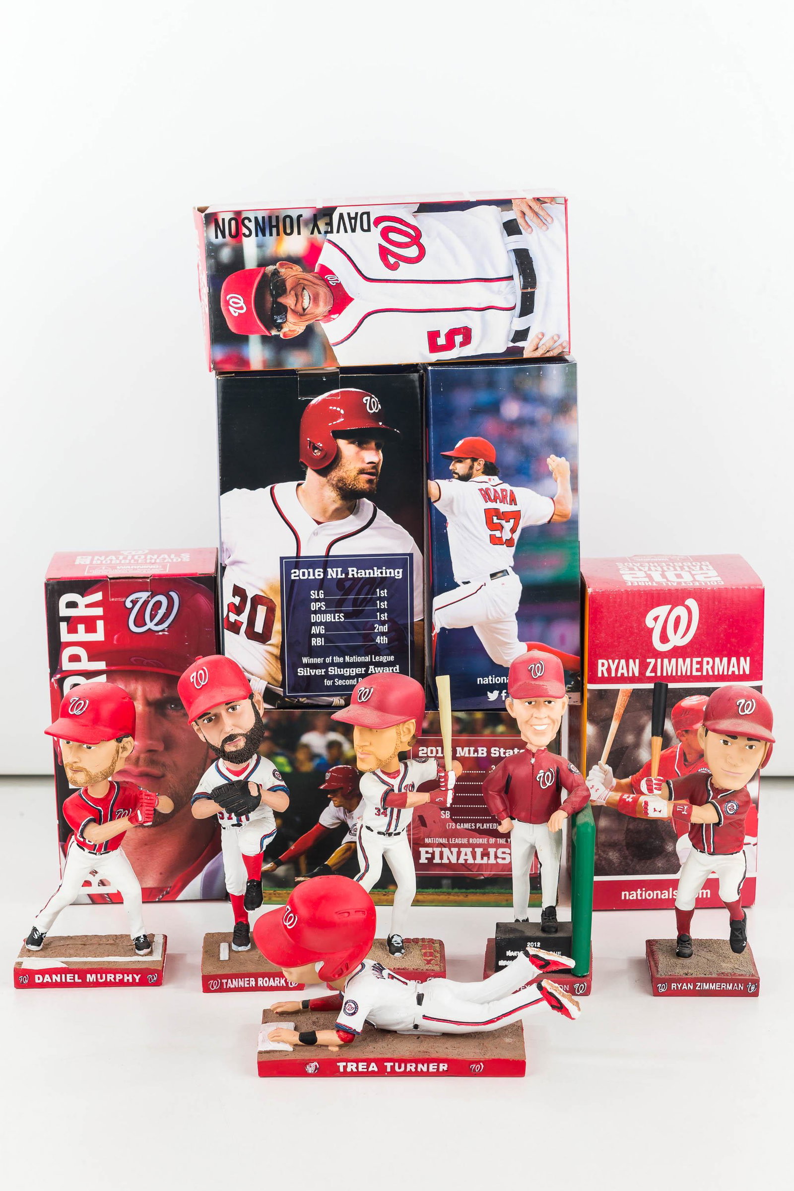 All 6 Washington Nationals 2017 Bobbleheads: all 6 Washington Nationals game handout promo bobble heads from 2017 season. (Bryce Harper (missing bat), Trea Turner, Daniel Murphy, Tanner Roark, Ryan Zimmerman, and Davey Johnson) 6 boxes to match 