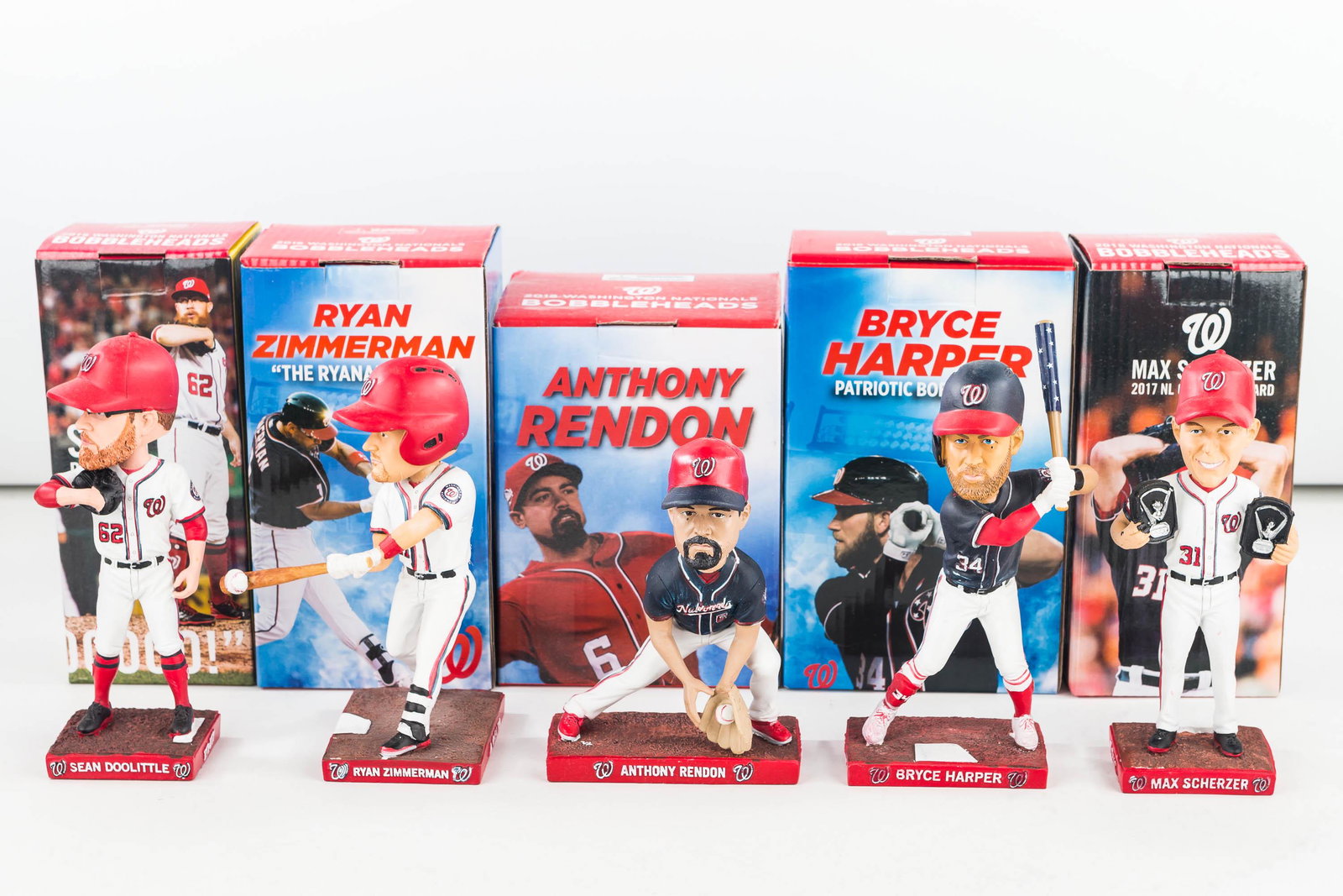 All 5 Washington Nationals 2018 Bobbleheads: all 5 Washington Nationals game handout promo bobble heads from 2018 season. (Max Scherzer, Bryce Harper, Anthony Rendon, Ryan Zimmerman, and Sean Doolittle) 5 boxes to match all figures.