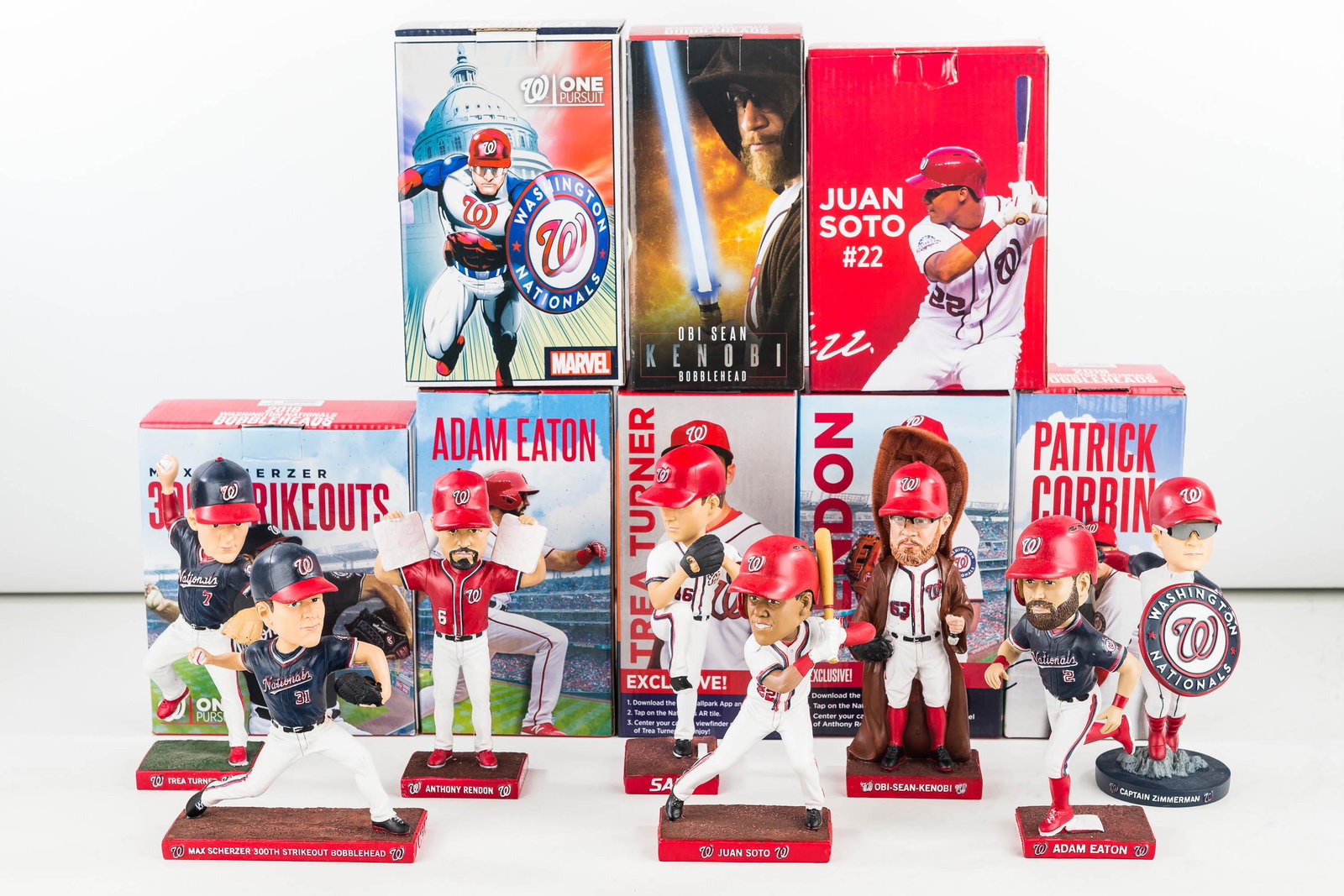 All 8 Washington Nationals 2019 Bobbleheads: all 8 Washington Nationals game handout promo bobble heads from 2019 season. (Anthony Rendon, Adam Eaton, Ryan Zimmerman, Max Scherzer, Juan Soto, Trea Turner, Patrick Corbin, and Sean Doolittle) 8 bo