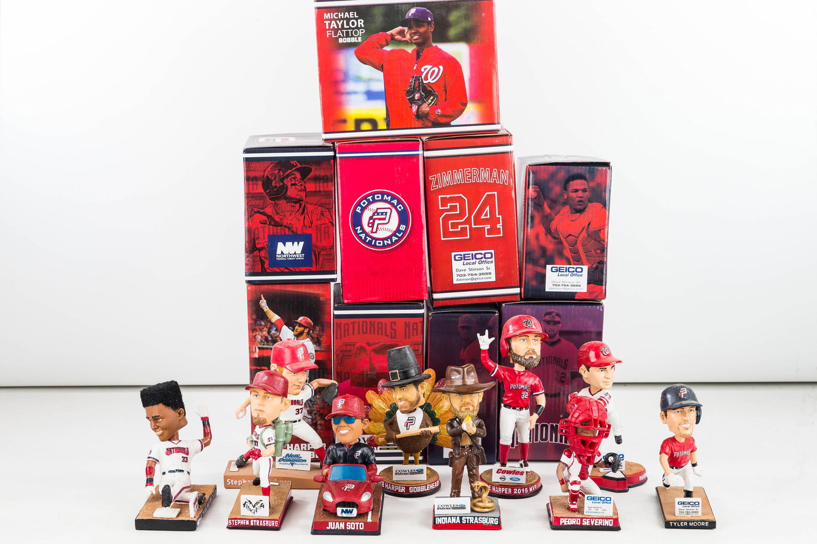 10 Potomac Nationals (A) Bobbleheads: 10 Potomac Nationals (Nationals A Team) game handout promo bobble heads from 2017-2019 seasons. (2 Bryce Harper, 3 Stephen Strasburg, Pedro Severino, Ryan Zimmerman, Michael Taylor, Taylor Moore, and