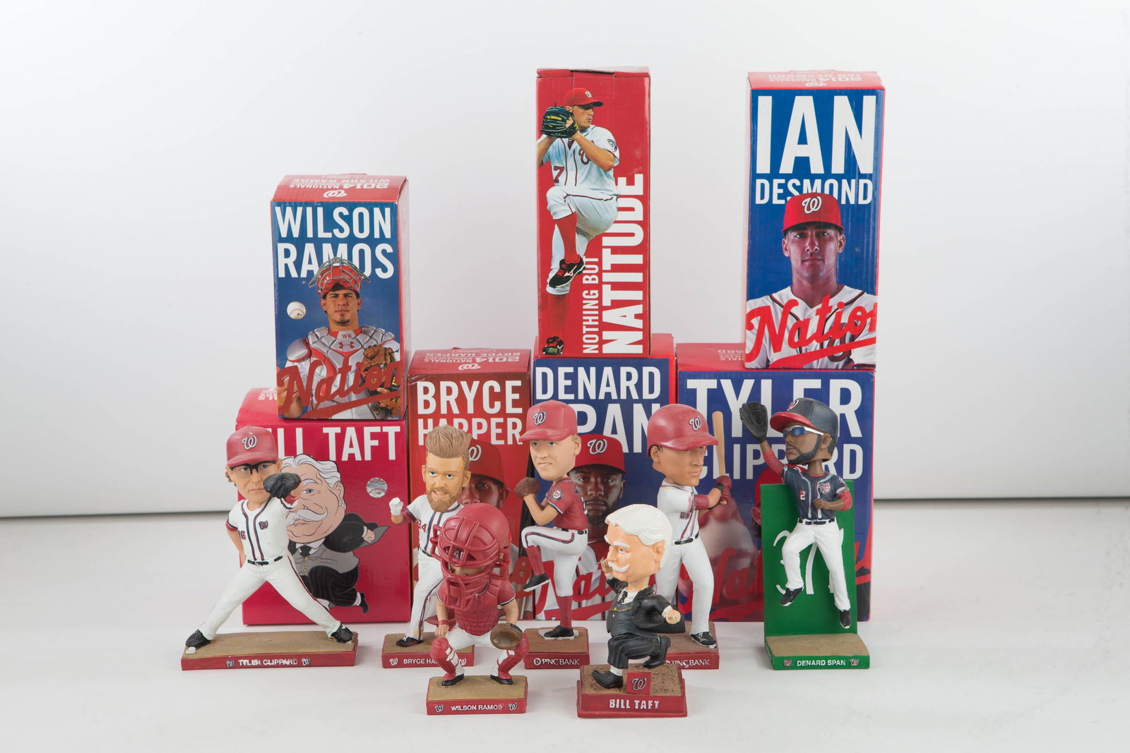 All 7 Washington Nationals 2014 Bobbleheads: all 7 Washington Nationals game handout promo bobble heads from 2014 season. (Bryce Harper, Ryan Zimmerman, Denard Span, Tyler Clippard, Ian Desmond, Wilson Ramos, Jordan Zimmerman, and Bill Taft) 7 b
