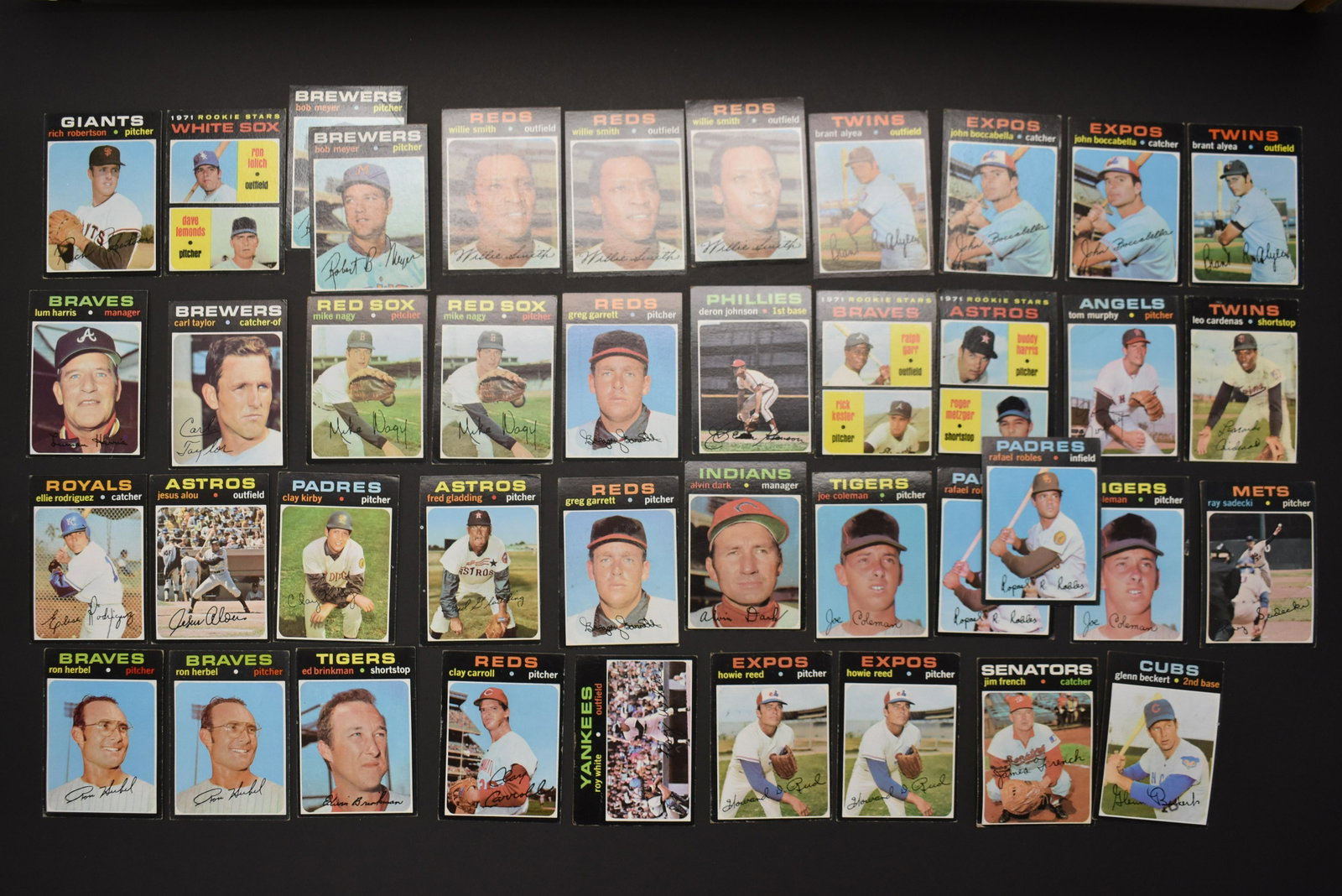 1960s to 1970s Baseball Cards, Clean: Lot includes approx 40 various cards including Willy Smith, Bob Meyer, Roy White, and others. Most have good corners, and most are clean.