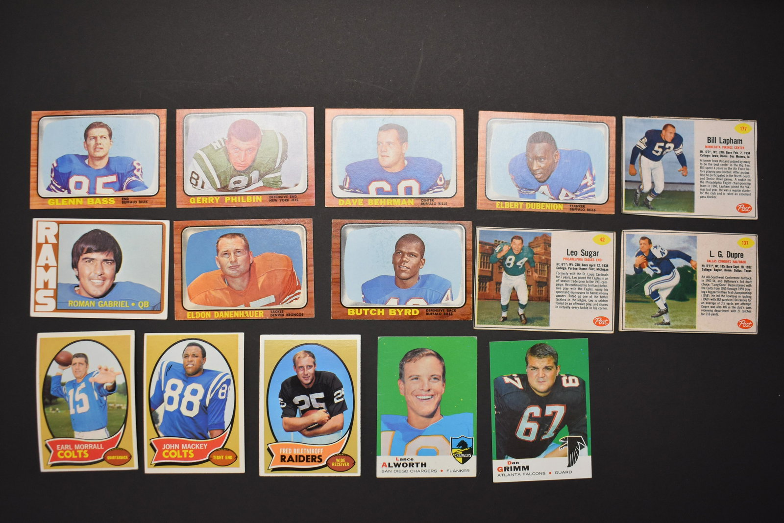 Vintage Football Cards (Clean Condition): Lot includes 15 cards, including Earl Morrall, John Mackey, Roman Gabriel, and many others. All have good corners.