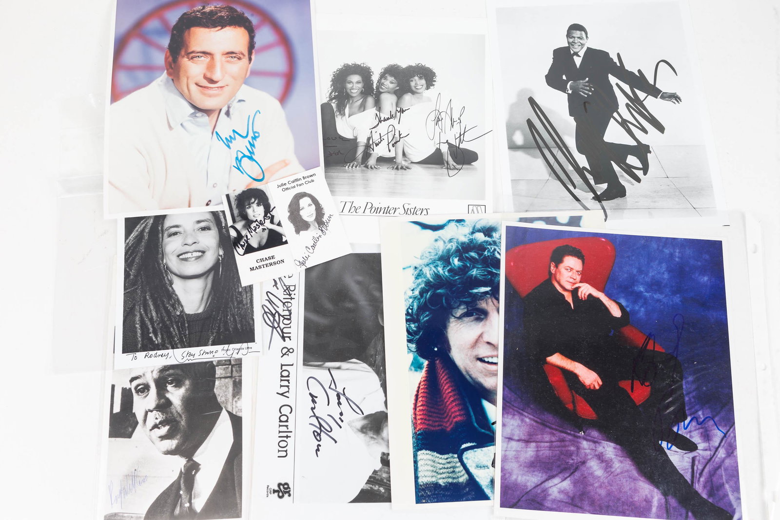 Collection of Autographed Photos: Lot includes The Pointer Sisters on Motown label, Chase Masterson, Julie Caitlin Brown, Lee Rittenhouser and Larry Carlton on GRP Logo, Roy Williams, Tom Baker from Doctor Who, and others. Some are bl