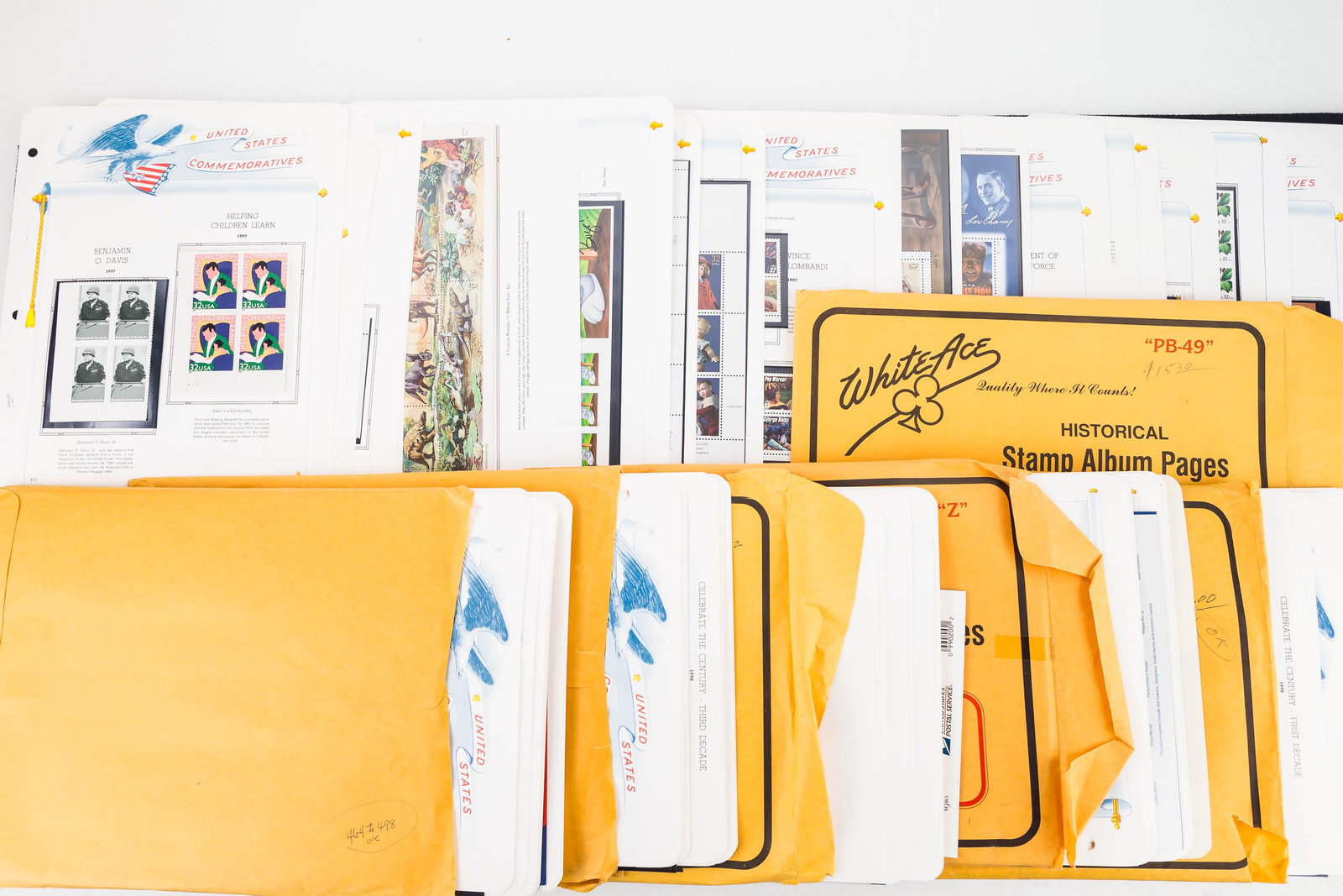 Historical US Postage Stamps Sets White Ace: Lot includes 6 total sets with single stamps and blocks from 1997 PB-49, 1997 Supplement Z, 1998 Supplement A, 1998 PB-50, 1999 Supplement B, and a 2000 Supplement C. Most have stamps but not verified
