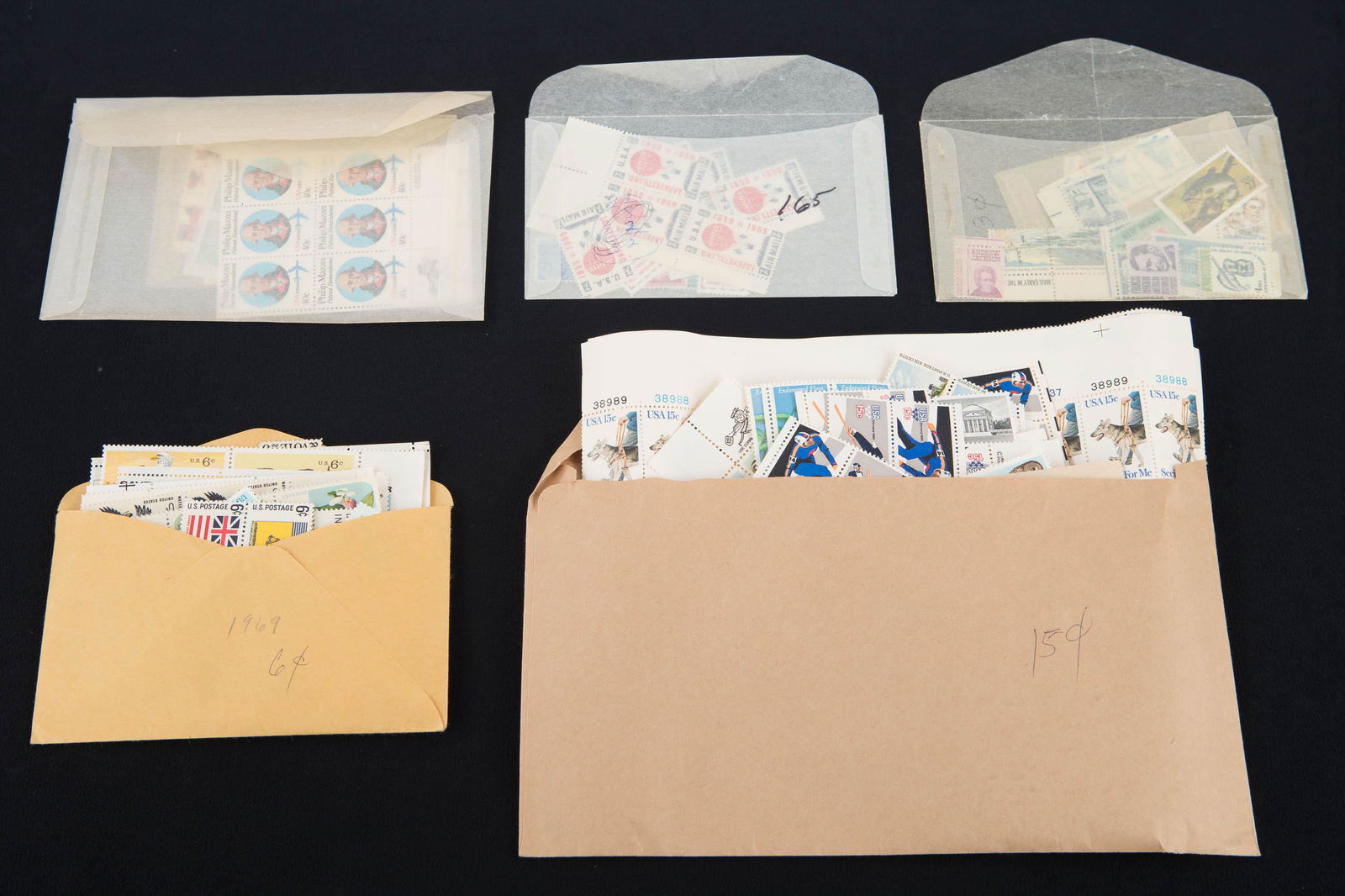 Vintage US Stamps Unused: Lot includes a large grouping of 6c stamps from 1969, most are in sections of 4 including United States Conservation, Wildlife, South Carolina, John Wesley Powell and others. Over 60 1969 stamps. Lot