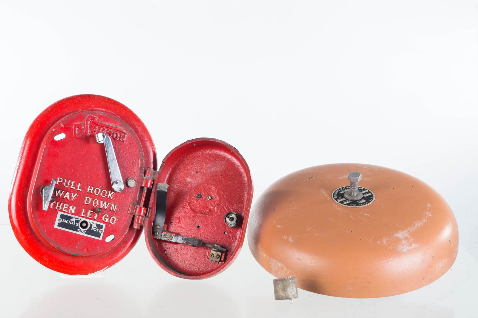 Vintage Fire Alarm Stations and Bell: Lot includes Standard fire alarm station, with original brass tag and glass, and original surface. Lot also includes a large Standard Electric bell