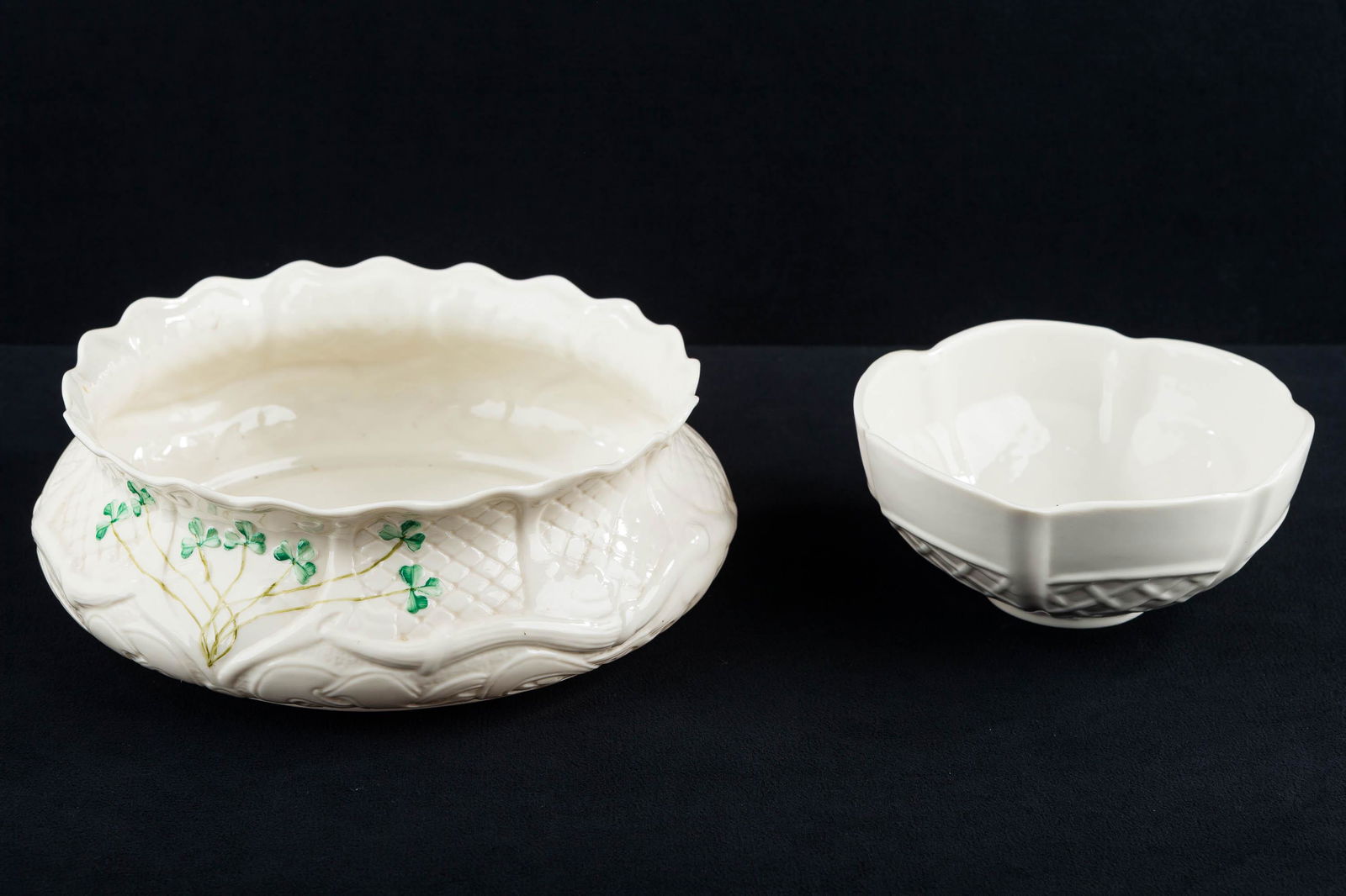 Belleek Bowls: Largest bowl measures approximately 9" diameter, and it has basket weave pattern and blue mark. The other is a rice bowl with a brown mark.