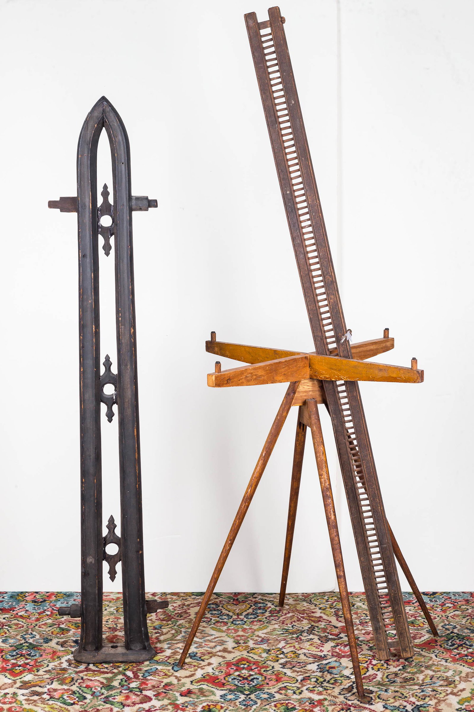 Vintage Decorative Wooden Grouping: Lot includes a Victorian mold for cast iron fencing *48"H, some loss), a 19th C loom reed, and a rotating winder/candle holder type object.