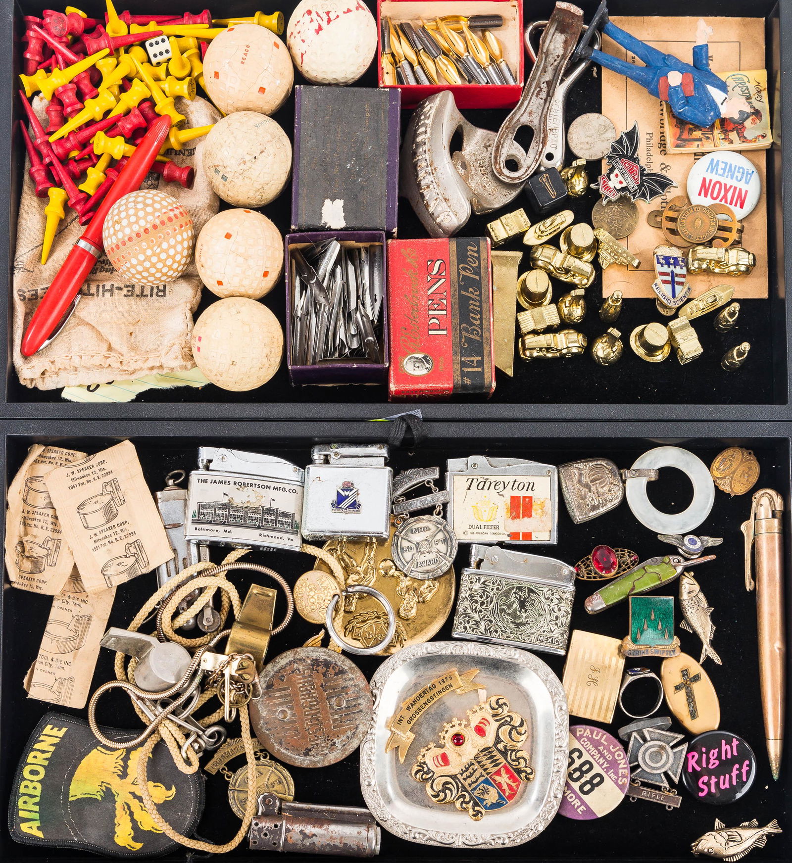 Vintage Lighters, Advertising, and Miscellaneous: Vintage Rolex lighter with plumbing advertising, Tereyton cigarette light, vintage tube lighters and others, marksmanship medals, vintage golf balls, pen nibs, bottle openers, teething ring, game toke