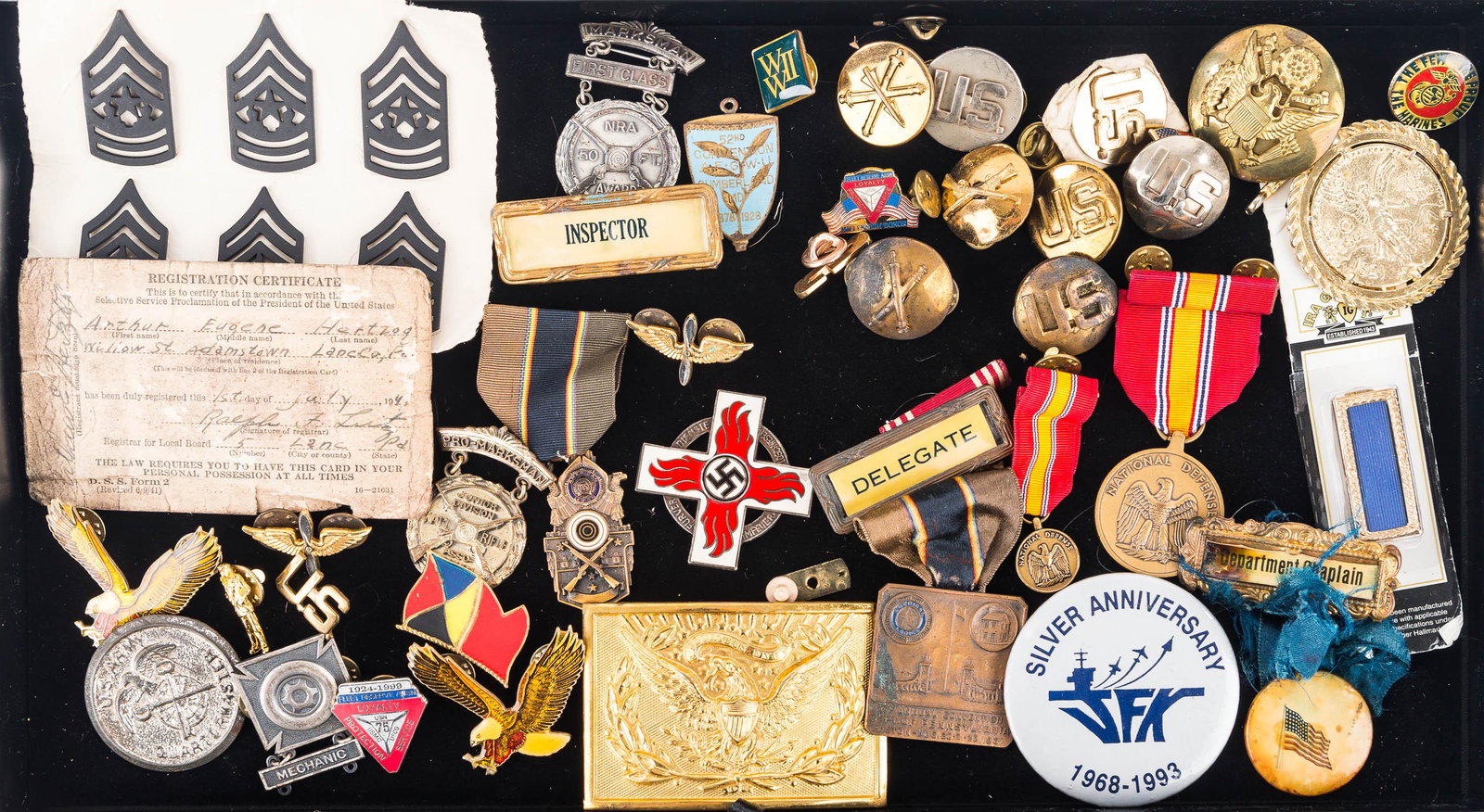 Vintage Military Lapel Pins, Medals, and Related: US lapel pins, Command Sgt. Maj E9 pins in original card, vintage NRA Jr. Marksmanship medal, US Army Quartermaster pin back, National Defense medal, American Legion marksmanship medal on ribbon dated