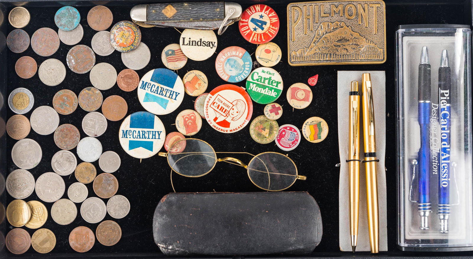 Pens, Pin Backs, Coins, and Eclectic Mix: Lot includes Pier Carlo D'Alessio designer collection pen and pencil set, a Pentel R6 Japanese pen and pencil set, a collection of vintage political pin backs (various conditions), a selection of inte