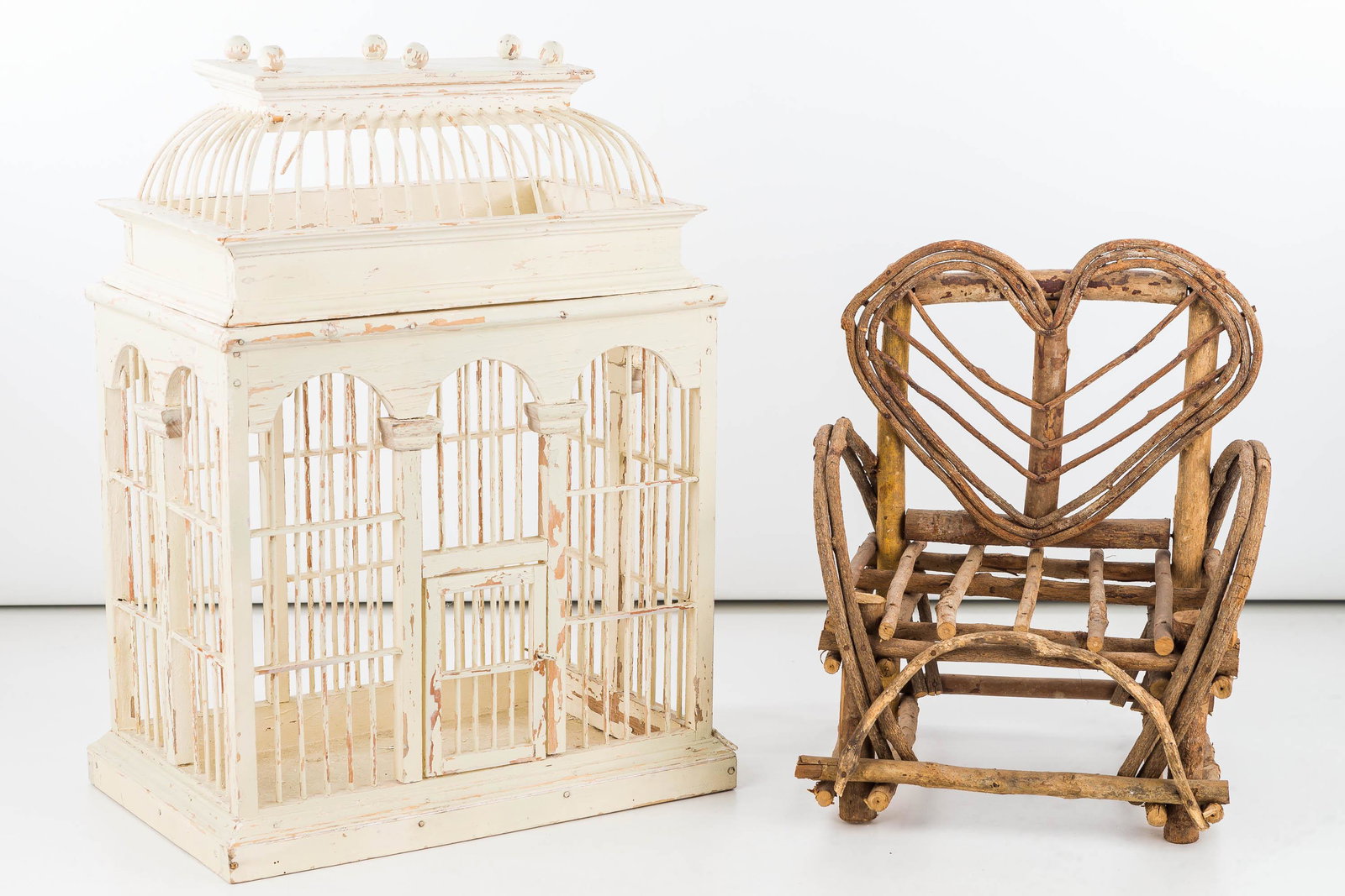 Wooden Bird cage and Mini Adirondack Chair: Bird cage measures approx. 18" high. Lot also includes a doll size Adirondack chair.