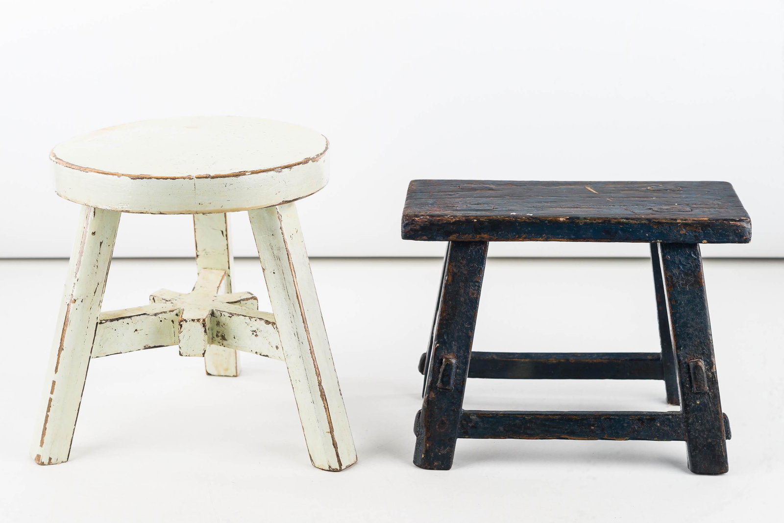 Mortise Chinese Stool and Another: The dark blue painted wooden stool with mortise joints measures approx 7.5" high and the round top tripod stool measures approx 9".