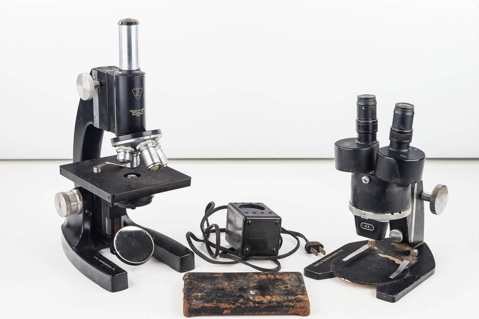 Bausch & Lomb and Spencer Microscopes: Bausch & Lomb measures approx. 13" high and appears to be complete. Also includes a Spencer microscope showing wear to the surface.