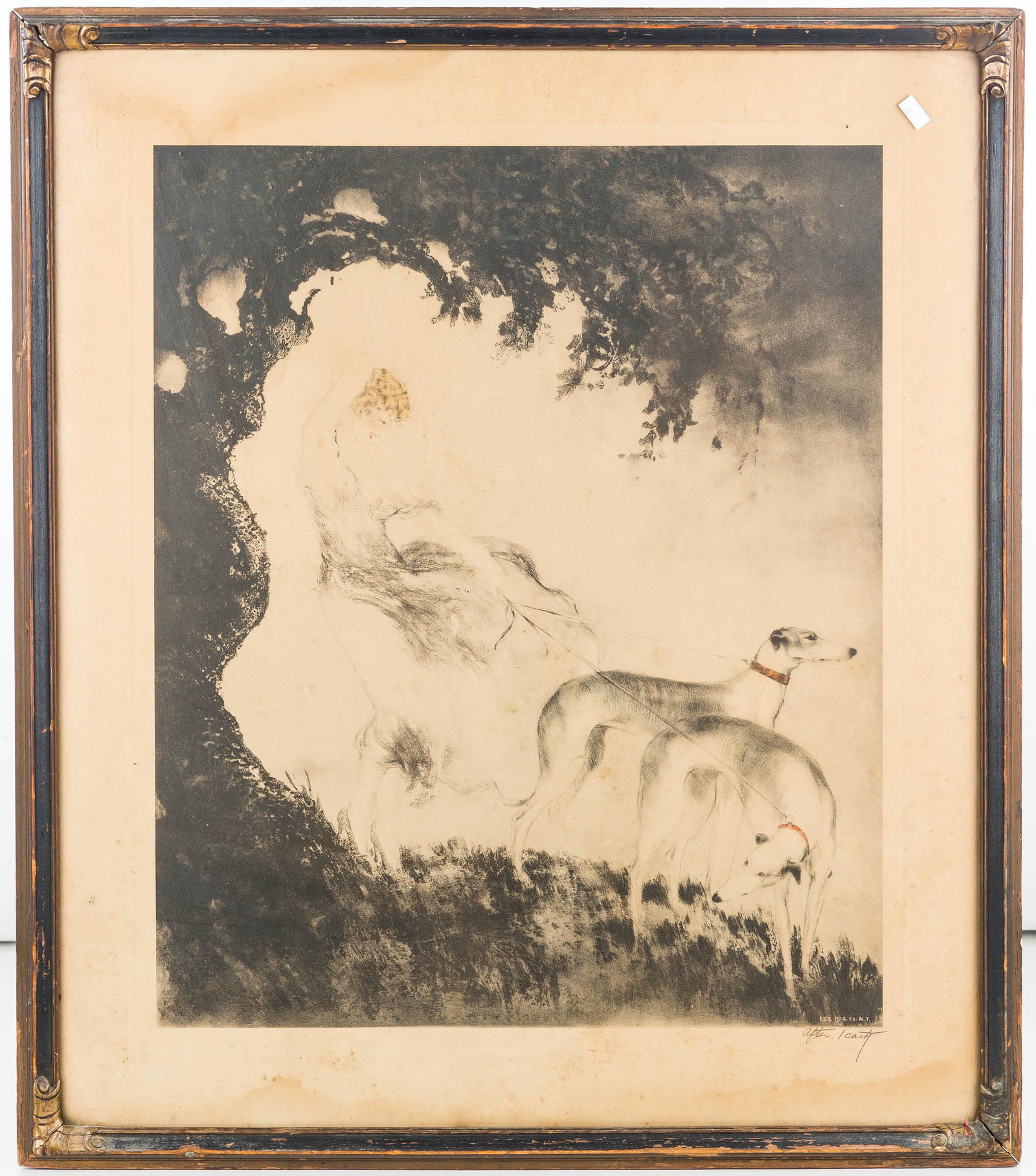 Louis Icart Style Print: Frame measures approx. 27" x 23.5". It depicts a woman with two Whippets. It is marked "E.J.S. Mfg. Co. NY" and is hand signed "After Icart". It is in a frame correct to period and frame shows some we