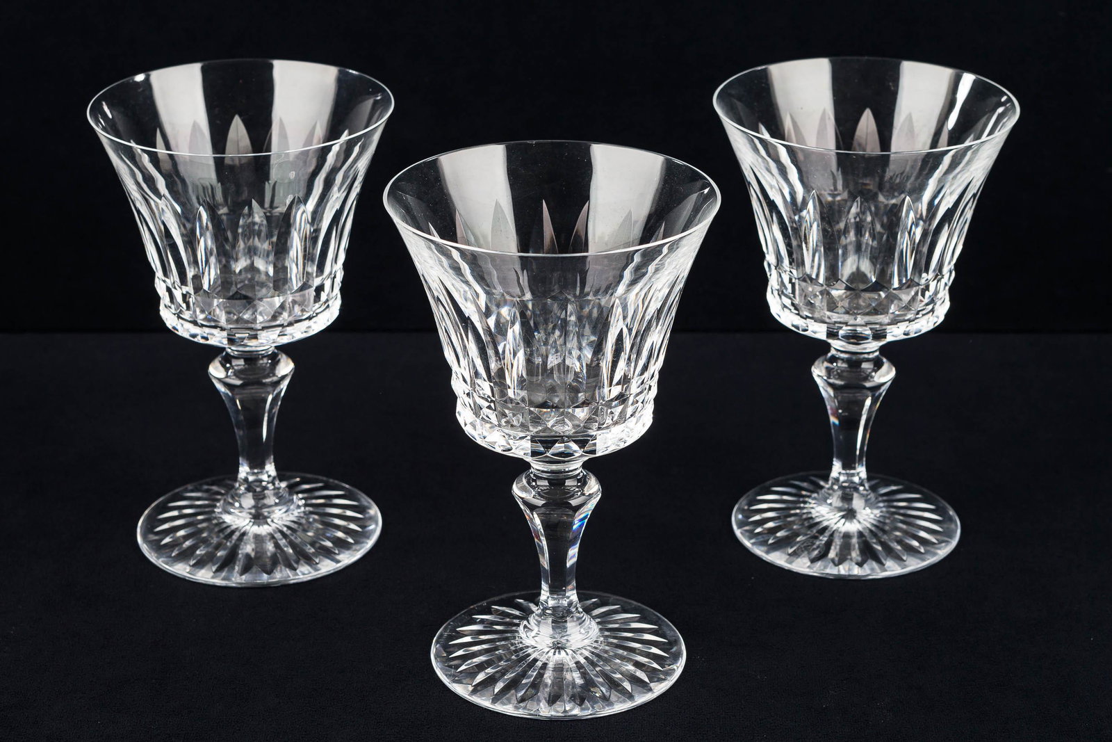 Three Baccarat Wine Glasses: Each measures approx 6.5" high. They have Baccarat mark on base and are undamaged.