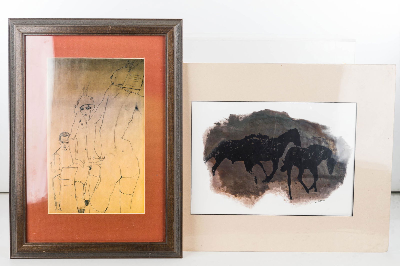 Semi-Abstract Artwork Grouping: The Photoglyph by Phil Grout of horses has an exposed area measuring 9.5" x 13.5". Also included is a semi abstract nude print in the style of Egon Schiele.
