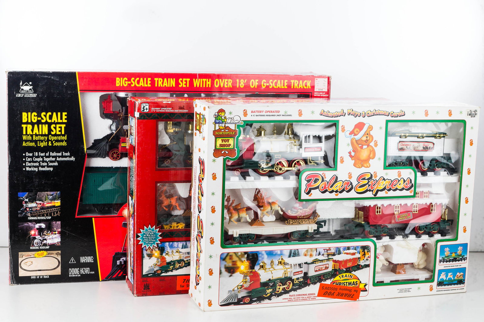 Three Big Scale Train Sets: Including two that are Christmas theme; all appearing to be complete. Battery Op.