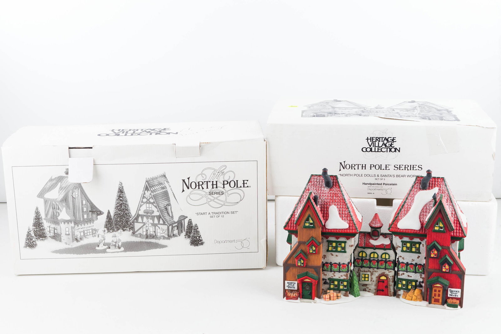 Department 56 Large Scale Duo/North Pole Series: Includes Santa Bear Works and Start a Tradition 12 pc. set. In original boxes
