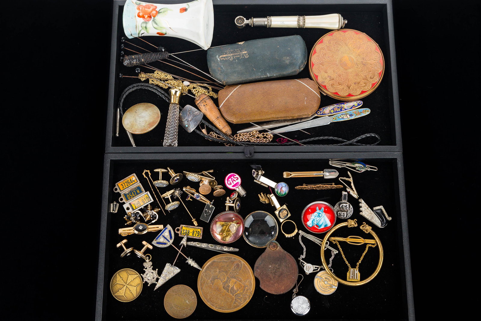 Vintage Costume Jewelry and Related: Including Victorian hat pins and hat pin holder, two vintage eye glasses, two horse bridal buttons, mixed costume jewelry, and related items
