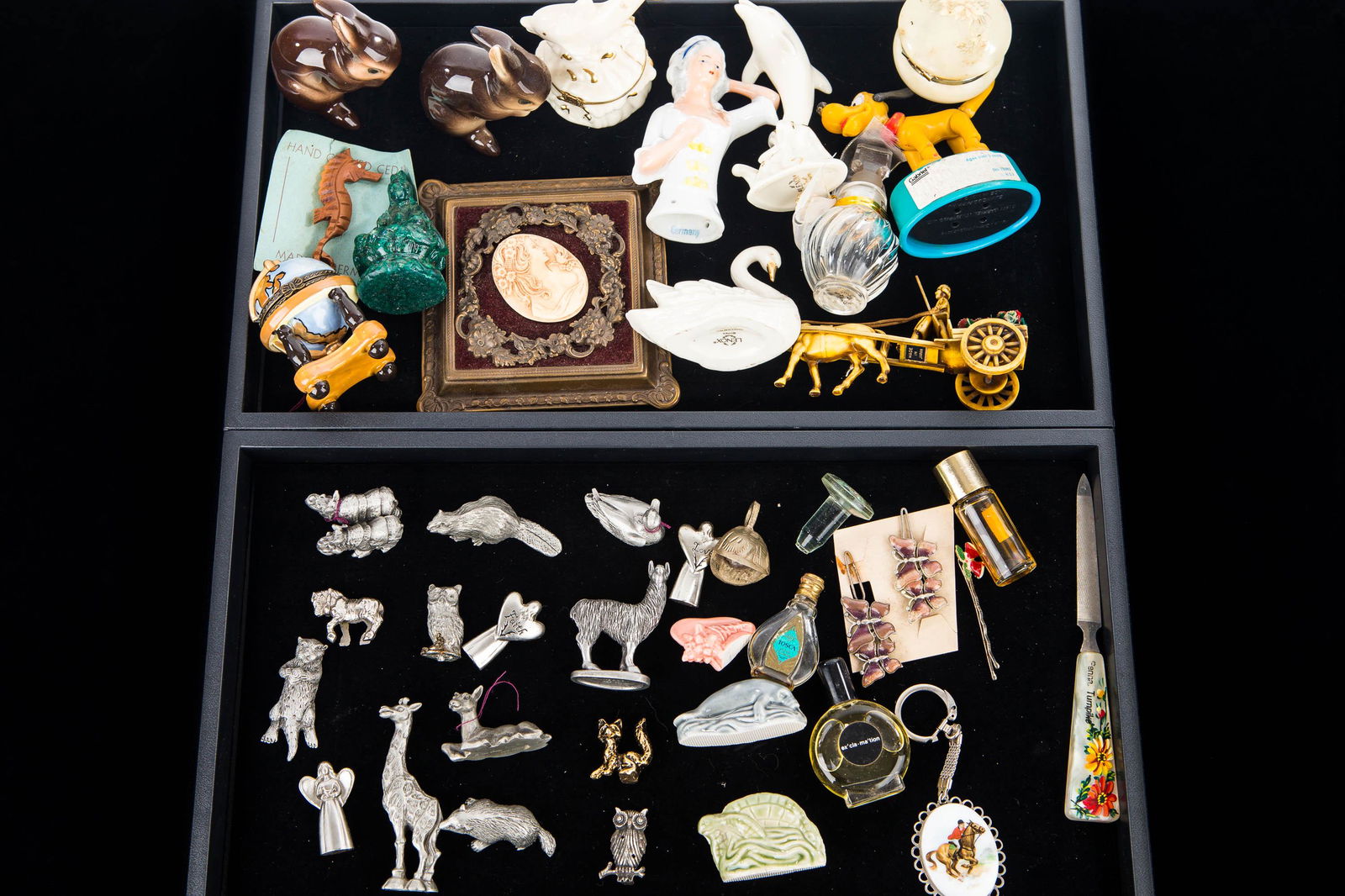 Lenox, Goebel, and Other Figures-Double Lot: Including three Lenox figures (one is a pin box), two Goebel bunnies, collection of pewter figures, perfume bottles including Lalique bottle with replaced stopper, and other related items