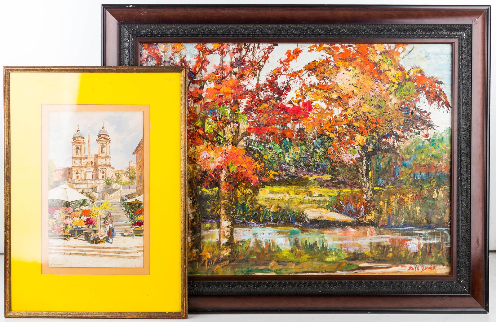 Landscape Oil Painting by Hazel Doner and W/C: The exposed area of the colorful landscape oil painting is approx.17.5" x 23". It depicts a forest in autumn with a signature appearing to read Hazel Doner, it is on art board. The second is a waterco