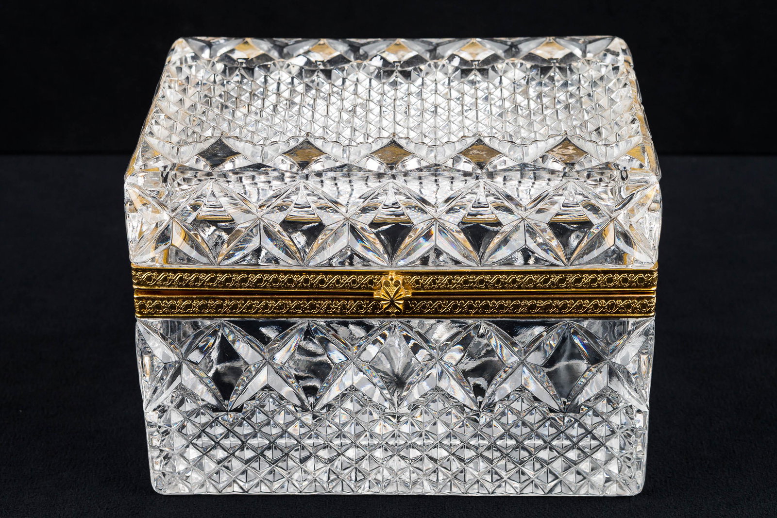 Crystal and Brass Italian Jewelry Box: Measures approx. 5" high x 6.5" wide x 4.5" deep. Its crystal with brass mounts and is marked made in Italy.