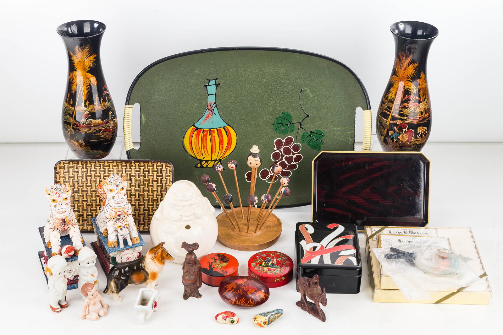 Mixed Asian Grouping: Including hand painted paper foo dogs, various figures, hand painted napkins and other related items.