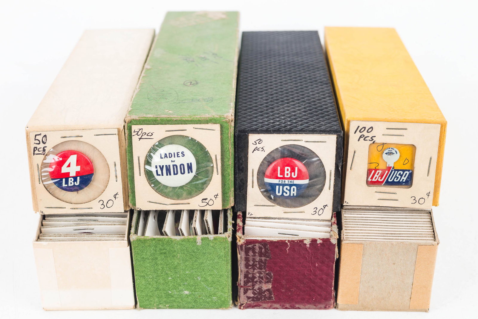 Collection of LBJ Pin Backs ONS: Collection of LBJ Pin Backs, old new stock, 4 styles of pin backs, approx 240 pieces