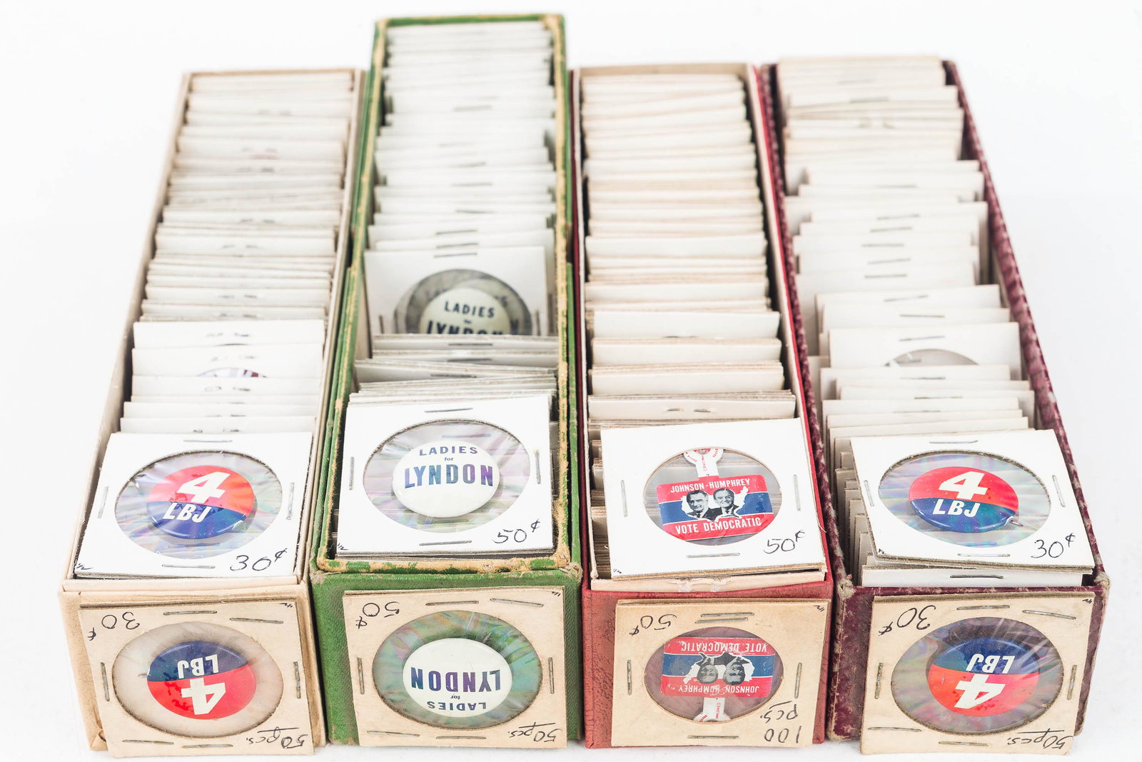 LBJ Pin Backs ONS: Collection of LBJ Pin Backs old new stock, 3 packs of LBJ, and a pack of Johnson Humphrey lapel tags