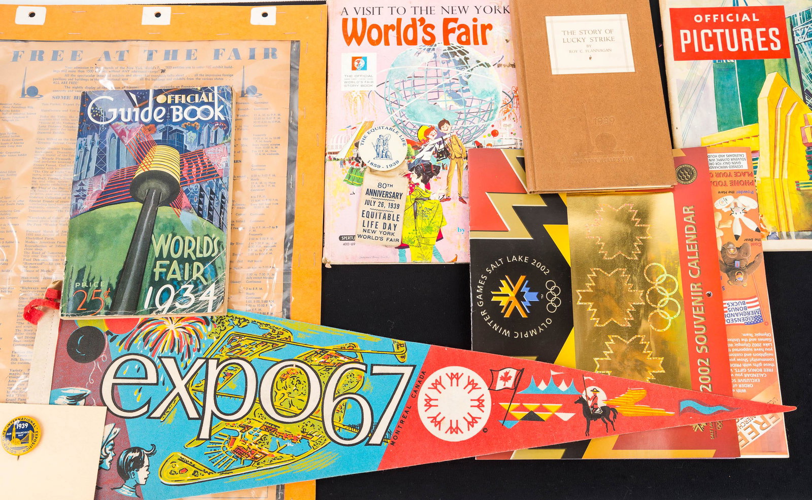Mixed World's Fair Grouping: Grouping including 1939 World's Fair pin back with ribbon, 1939 Golden Gate, Expo pin, Expo 67 pennant, and various World's Fair ephemera