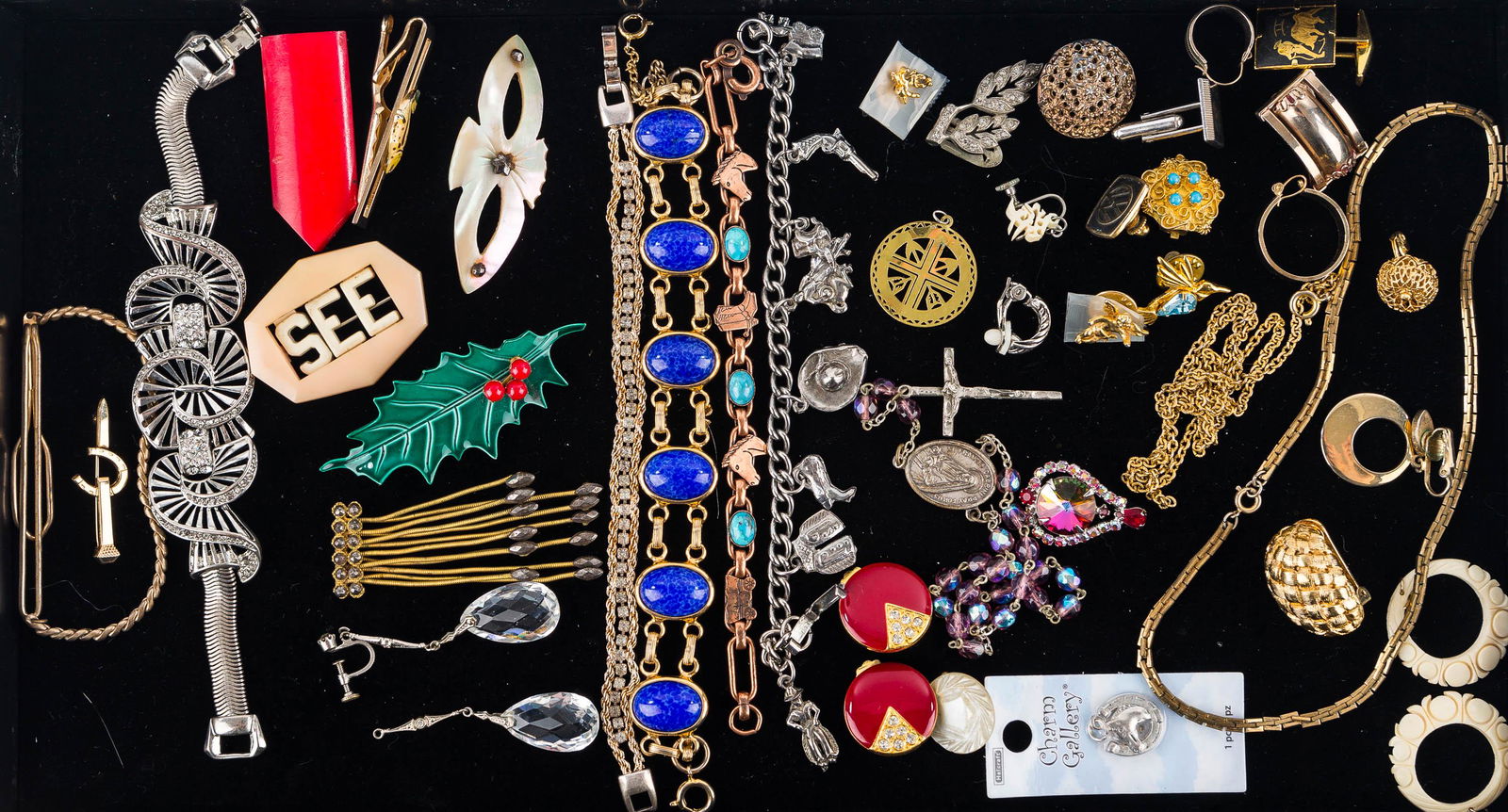 Vintage Jewelry Grouping: Including Clip earrings, Scarab and charm bracelets, necklaces, and related,