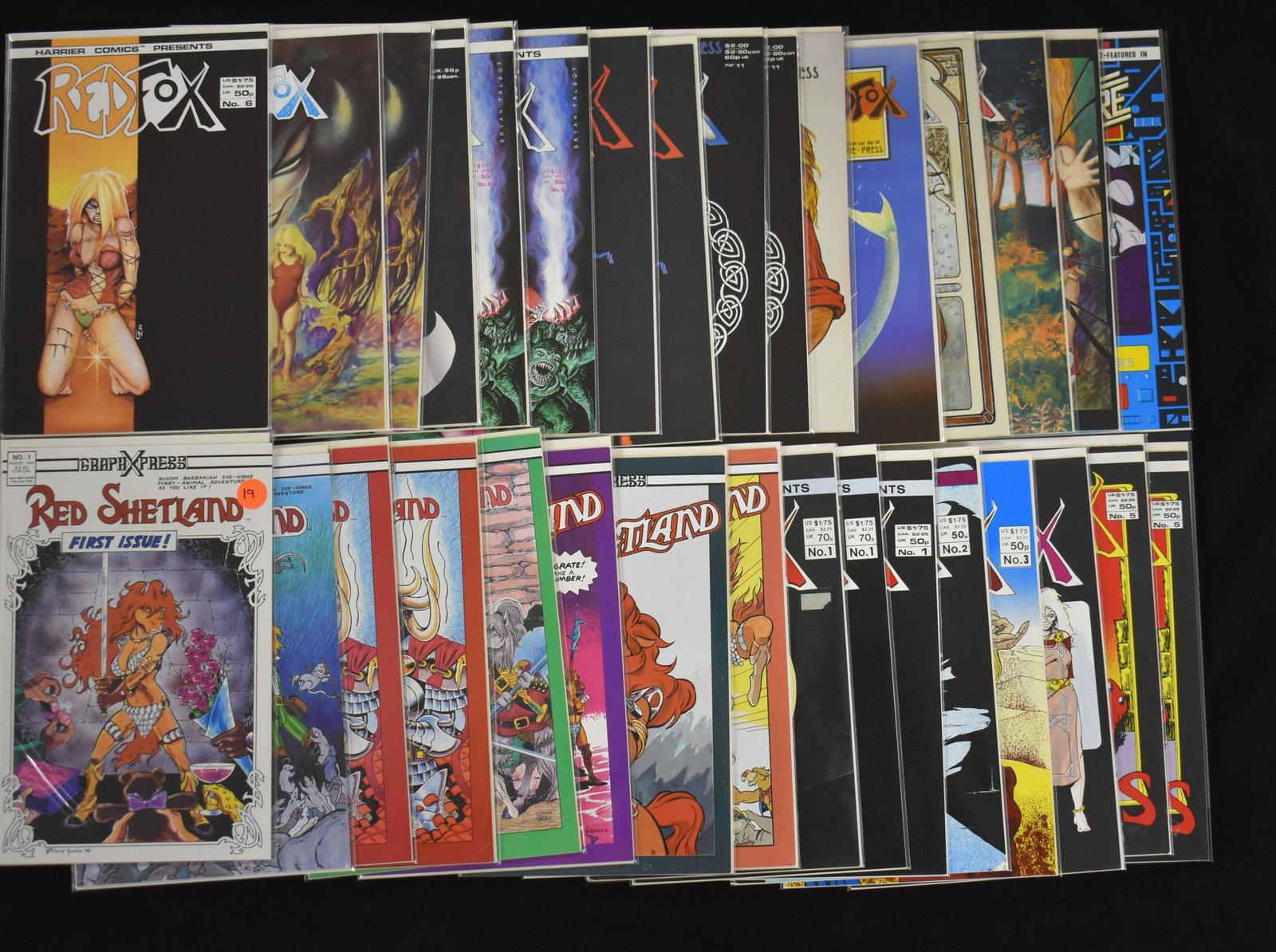 Red Fox and Red Shetland Comic Books (32 total): Red Fox by Harrier Comics no.1-11, 13-15, 18, 20 (multiple copies), and one other along with 8 Red Shetland comics by GraphXPress no.1-4, 8-10