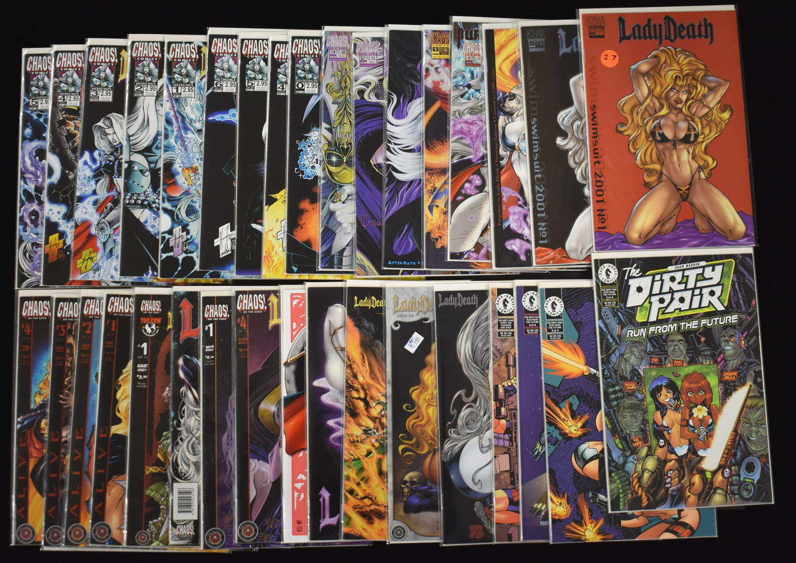 Lady Death and Dirty Pair Comic Books (34 total): Large collection of 30 Chaos Comics Lady Death comic books including 2 2001 swimsuit no.1 edition different versions, Aftermath no.1 premium edition of 3000 copies, Purgatori vs Lady Death premium edi