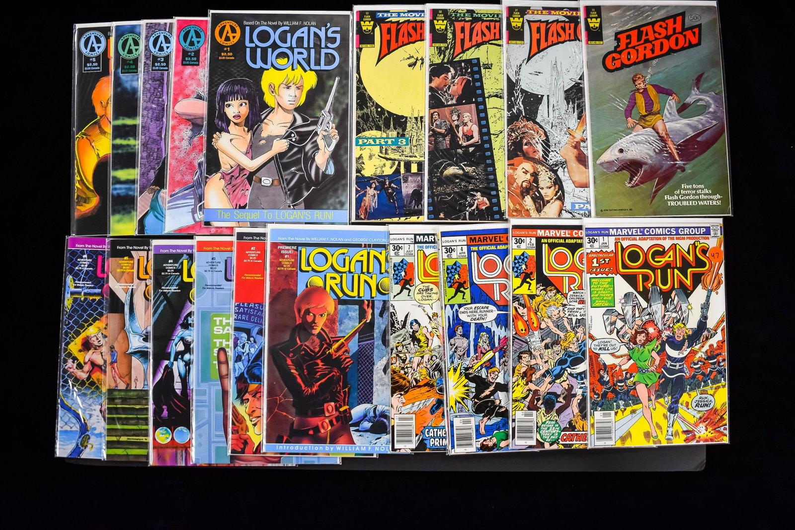 Flash Gordon & Logan's Run Comic Books (20 total): 4 Flash Gordon by Whitman no.30-33, Logan's Run comics 1976 Marvel no.1-4, and 7, Logan's Run by Adventure Comics no.1-6, and 5 Logan's World no.1-5