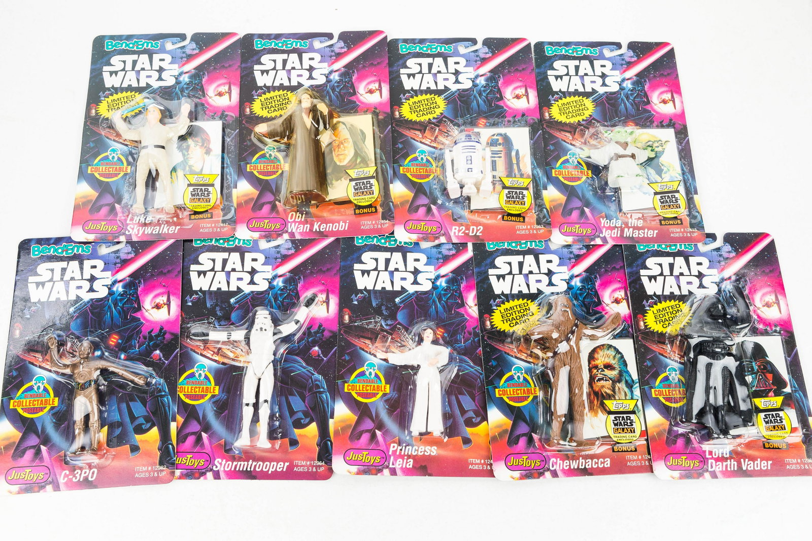 Star Wars 1993 Bend-Ems New in Package (ONS): Star Wars 1993 Bend-Ems New in Package, Storm Trooper, C-3PO, Yoda, Chewbacca, R-2D2, Lord Dart Vader, Luke Skywalker, Princess Leia, Obiwan Kenobi by Just Toys Incorporated, NY, Old New Stock from Co