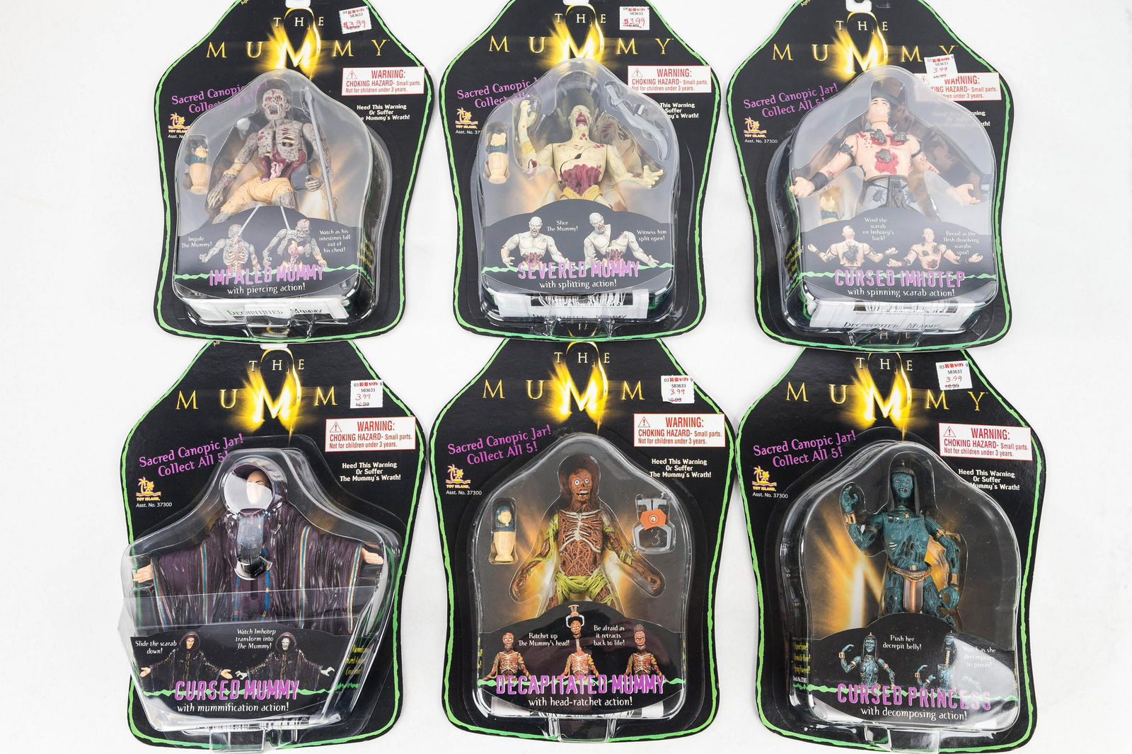 The Mummy Action Figures Complete Set of 6: 6 Island Toy The Mummy Movie action figures of 1998 Action Figure Decapitated Mummy with head ratchet action, Impaled Mummy with piercing action, Severed Mummy with splitting action,, Cursed Princess