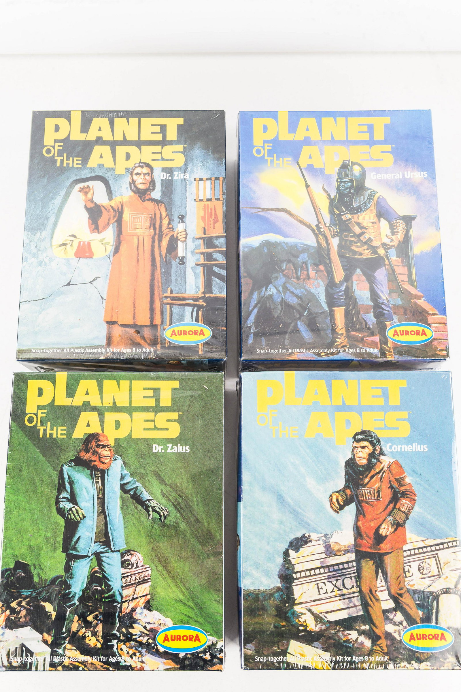 Planet of the Apes - Four Plastic Assembly Kits: Made by Aurora, General Ursus model#6806, Dr. Zaius model#6805, Dr. Zira model#6804, Cornelius model#6803. New old stock in original packaging.