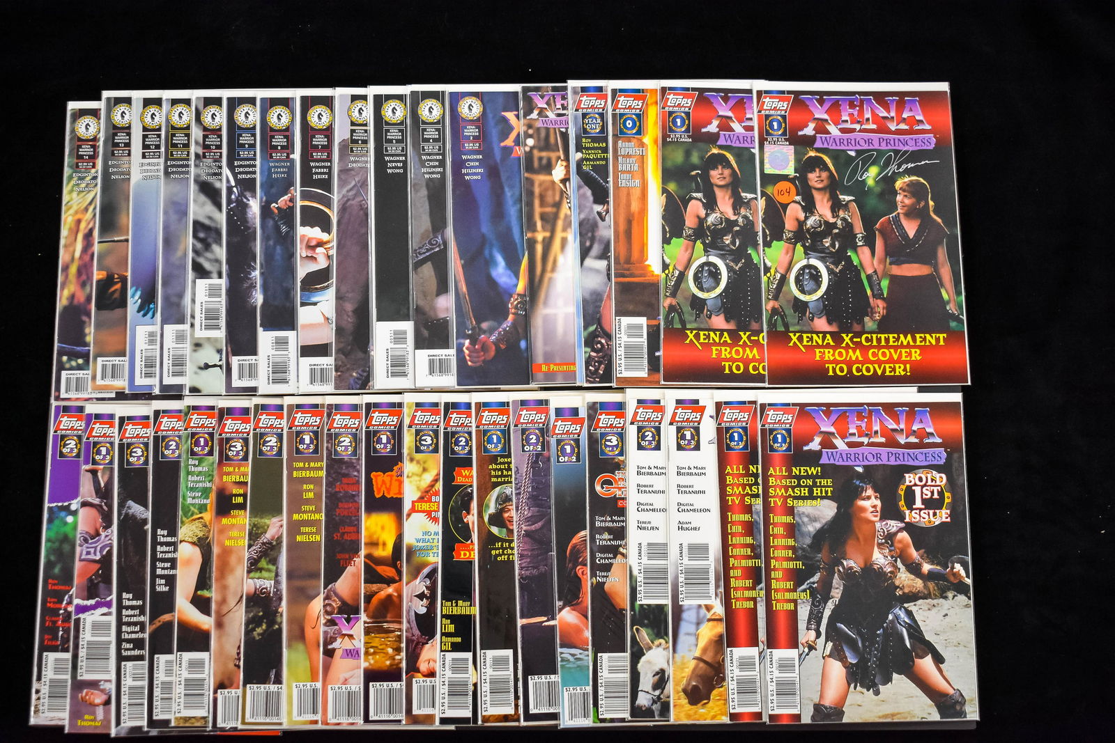 Xena Warrior Princess, 1 signed (38 total): Xena Warrior Princess comic books tv series version covers including a Xena by Topps Comics signed by writer Roy Thomas with COA, and 20 other mini series comics by Topps Comics, and 4 others and also