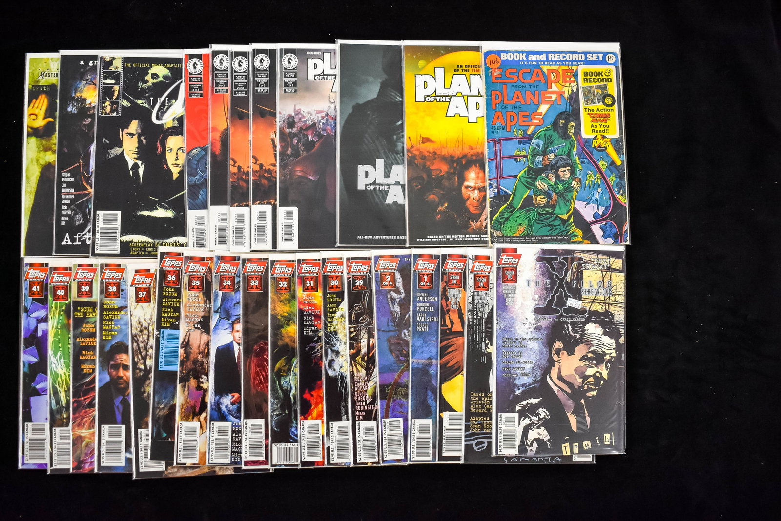 X-Files & Planet of the Apes (28 total): A 1974 Escape from the Planet of the Apes book and record set,, 2 comic books based off movies and 5 others. Also includes X-Files no.29-41, 3 from season 1, and 4 others plus a promo card