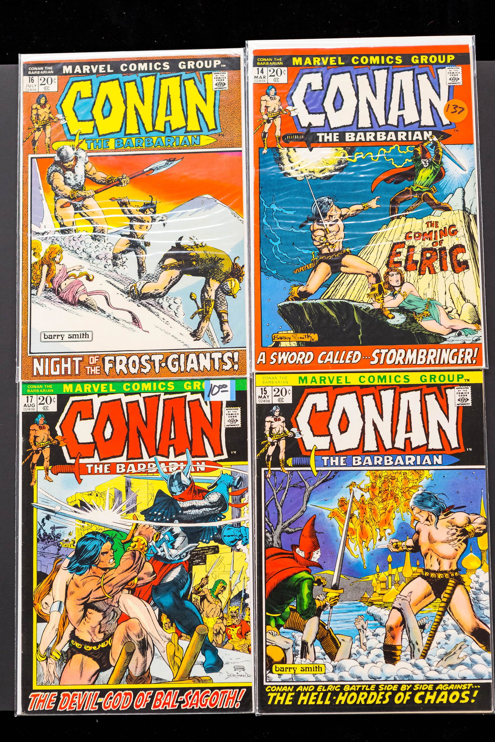 Conan The Barbarian 20 Cent #14, #15, #16, #17: From Marvel Comics Group Series starts c1970, in protective sleeves. Some light wear on spine but no rips, overall good condition, appears to include all pages.