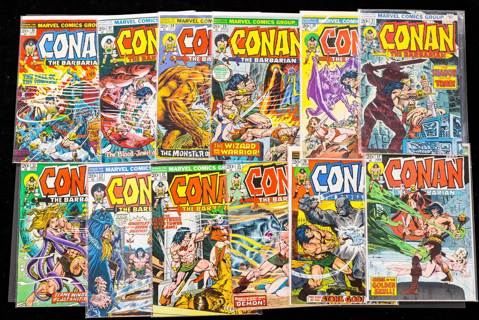 Conan The Barbarian 20 Cent Issues #26 to #37: From Marvel Comics Group series start c1970, in protective sleeves. Some light wear on spine but no rips, overall good condition, appears to include all pages.