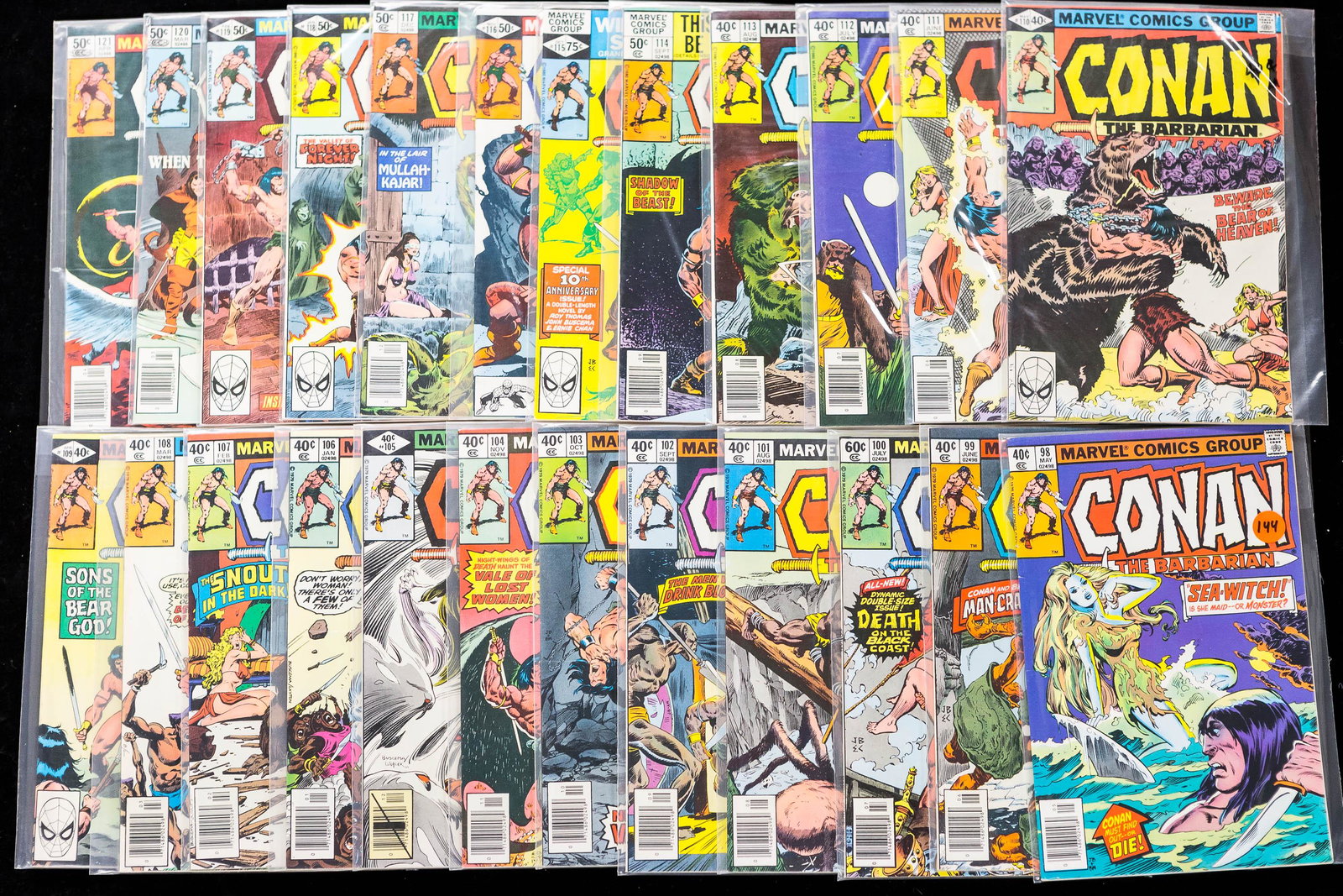 Conan The Barbarian 40/50 Cent Issues #98-121: From Marvel Comics Group series started c1970, in protective sleeves. Some light wear on spine but no rips, overall good condition, appears to include all pages. Includes 10th Anniversary edition #115