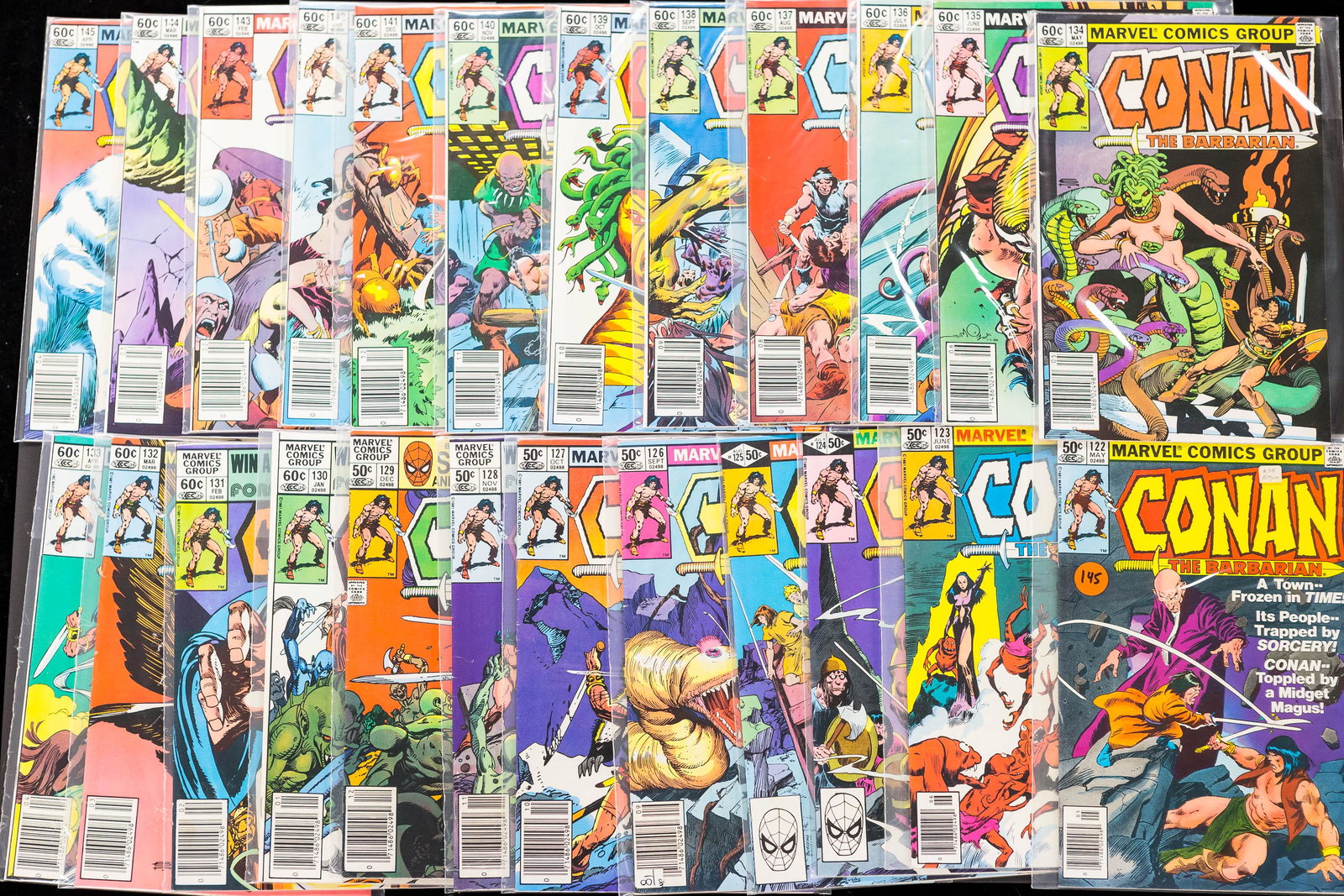 Conan The Barbarian Comics Editions #122-145: From Marvel Comics Group series started c1970, in protective sleeves. Some light wear on spine but no rips, overall good condition, appears to include all pages.