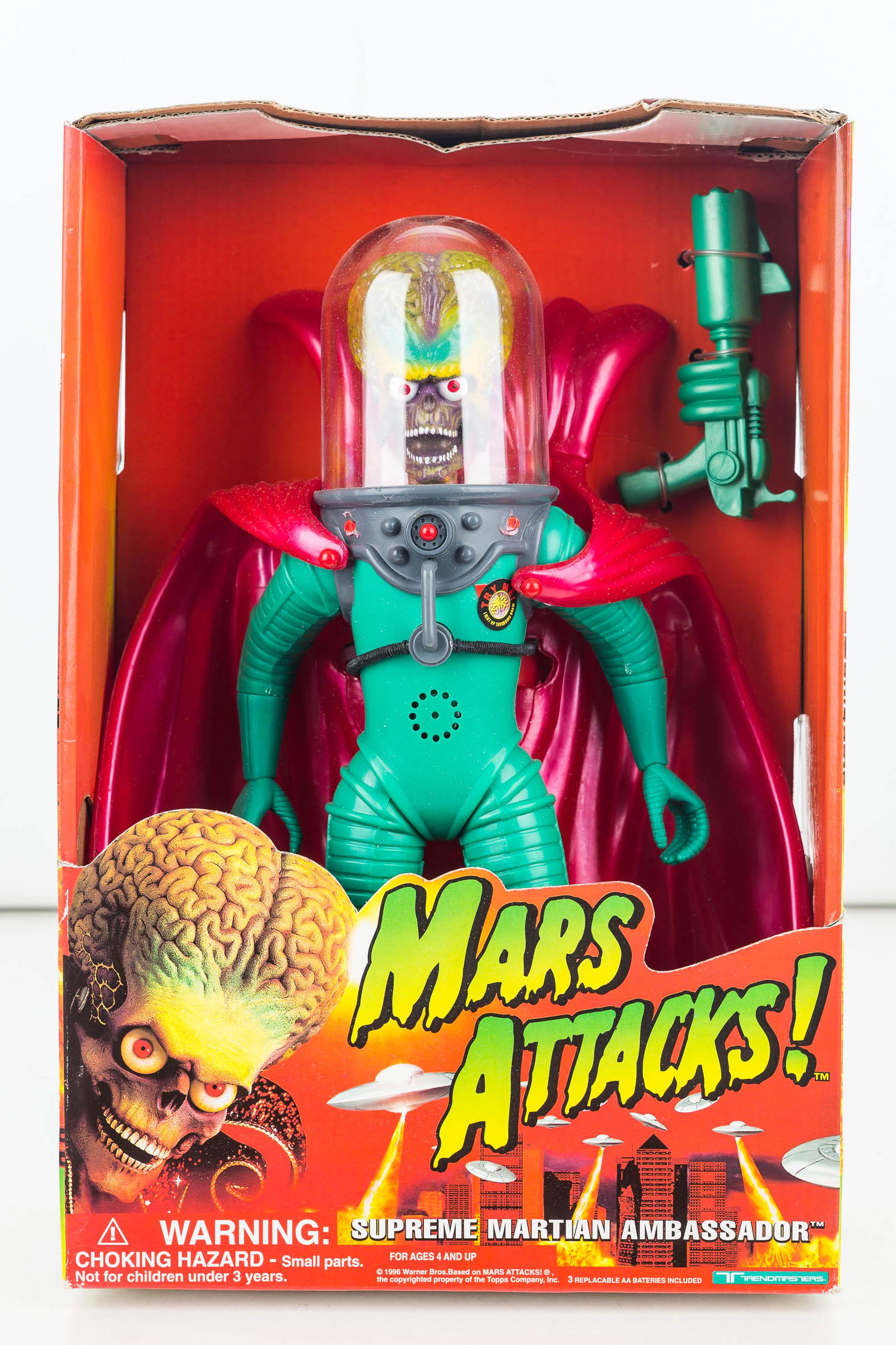 Mars Attacks, Supreme Martian Ambassador Figure: 1996 Warner Brothers made by Trend Masters with evil threat and horrid translation, throbbing brain, and blazing lights. New in Box